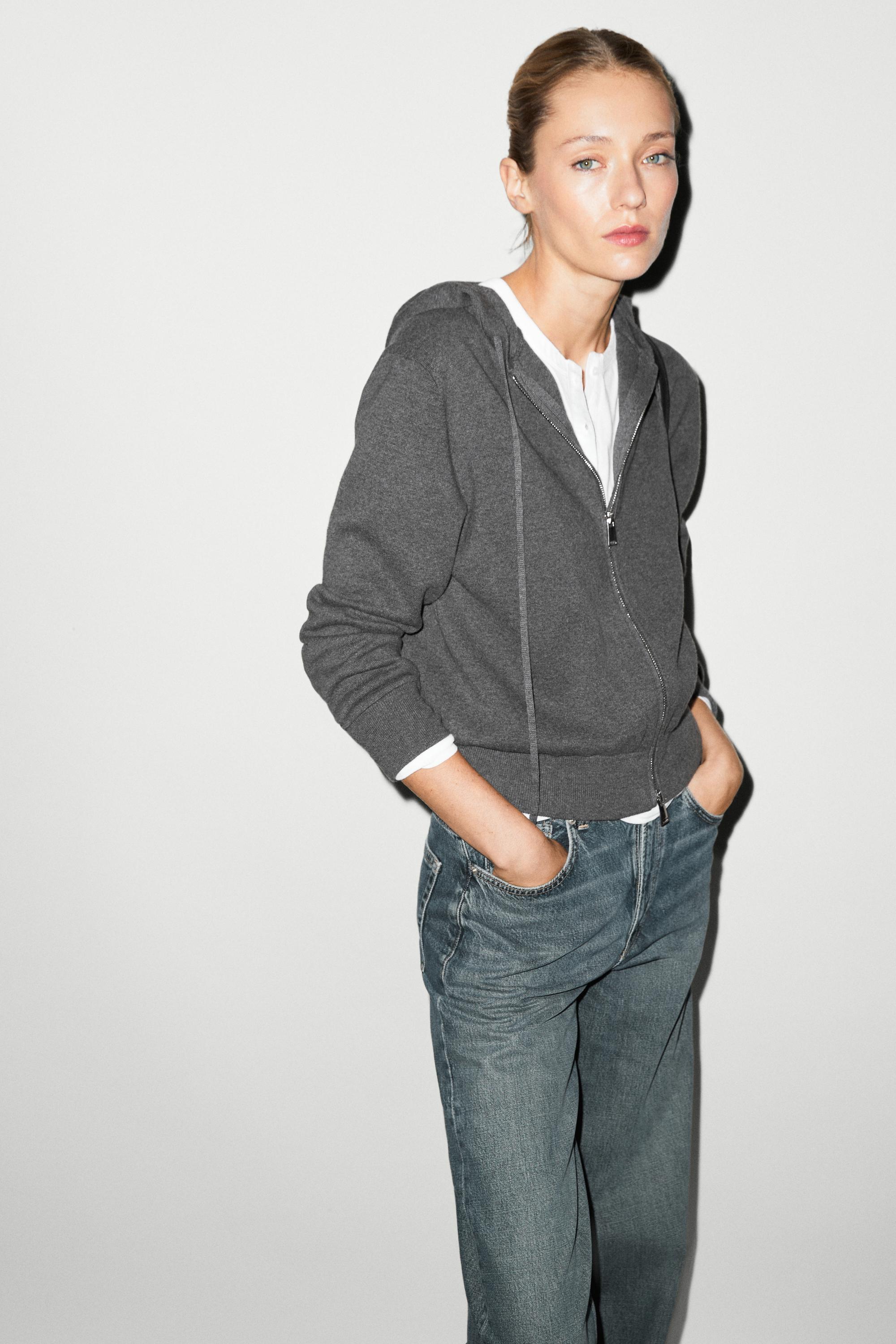 Cotton blend knit hooded cardigan — GREY
