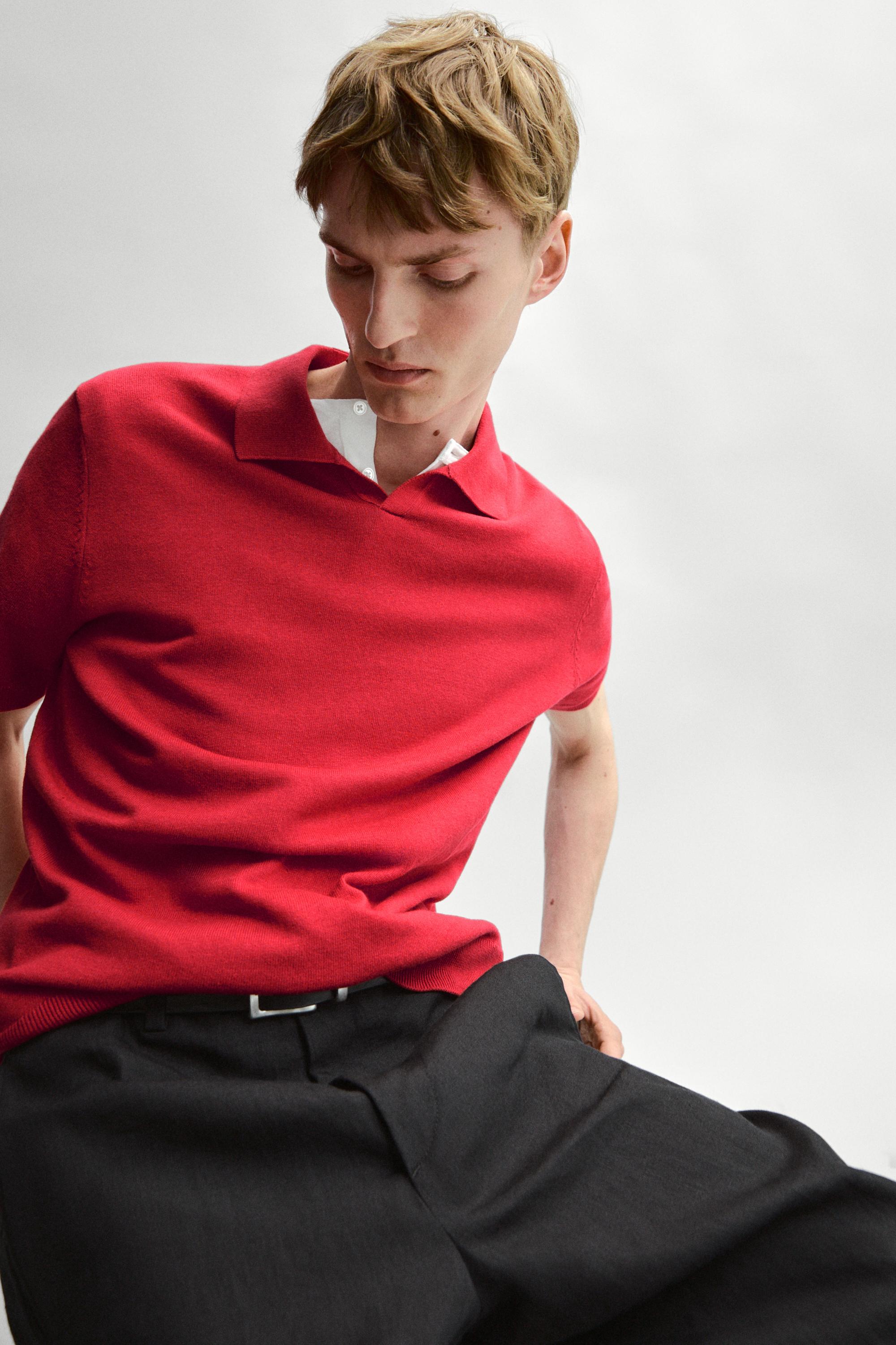Cotton blend V-neck polo shirt — RED