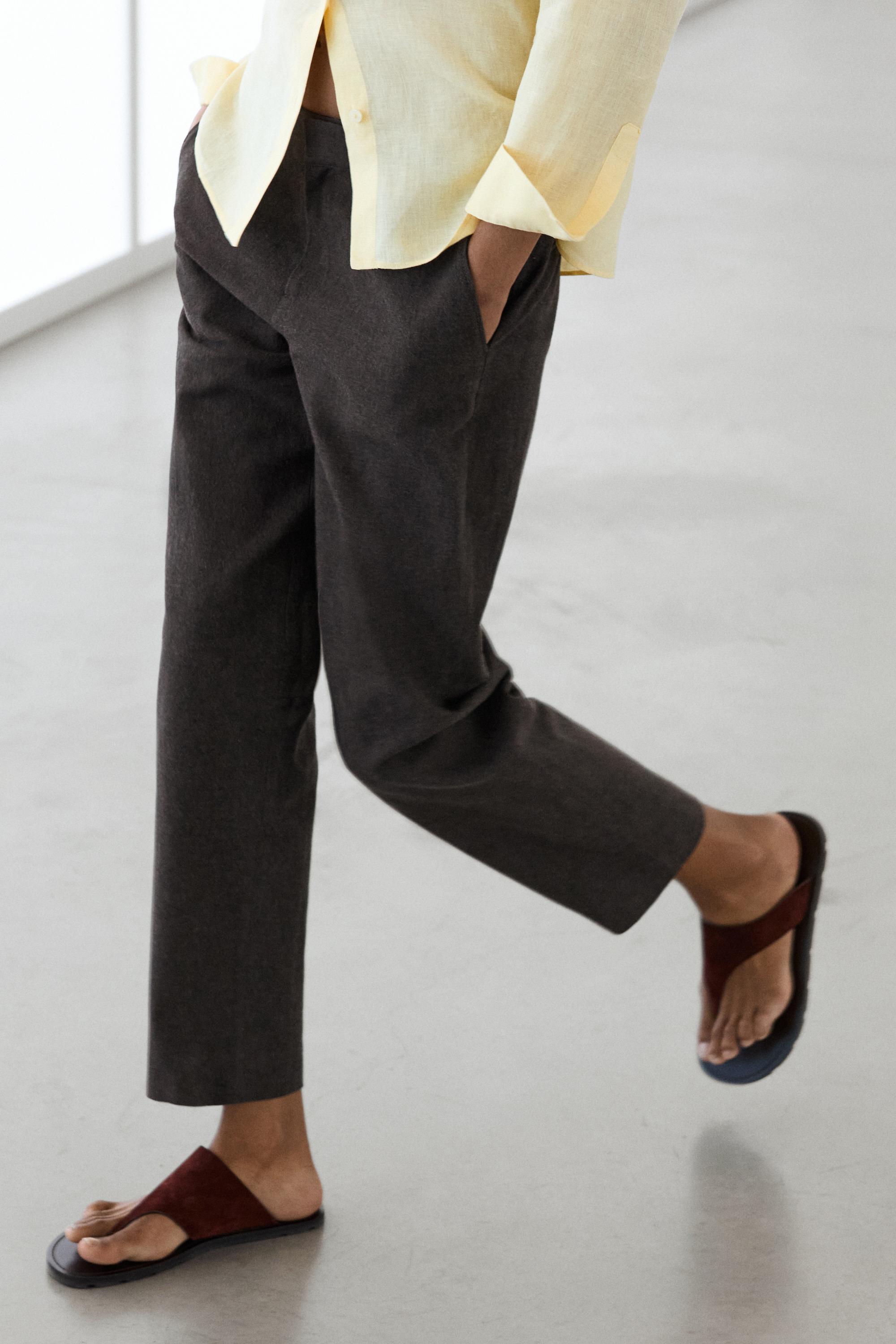 Slim fit linen blend trousers — BROWN MARL