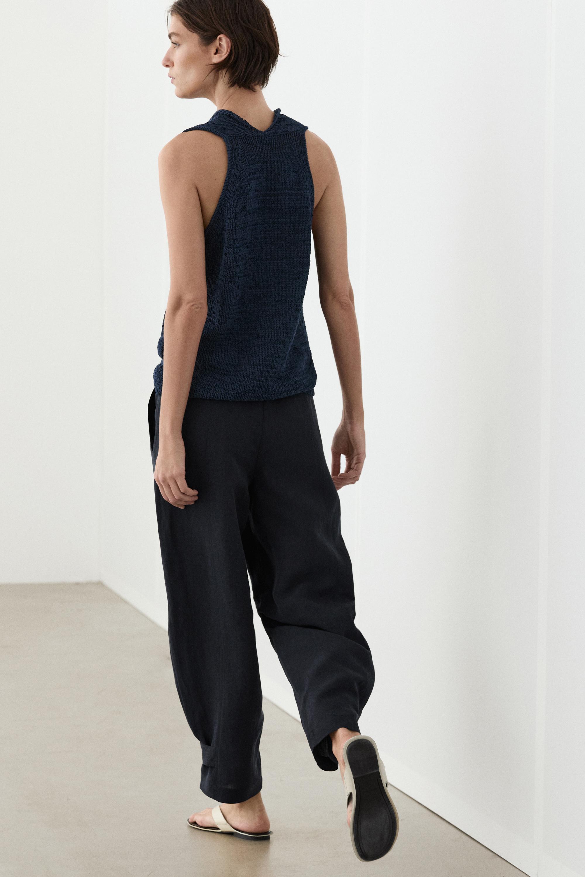 Flowing linen blend pants with buttoned tab detail — NAVY BLUE