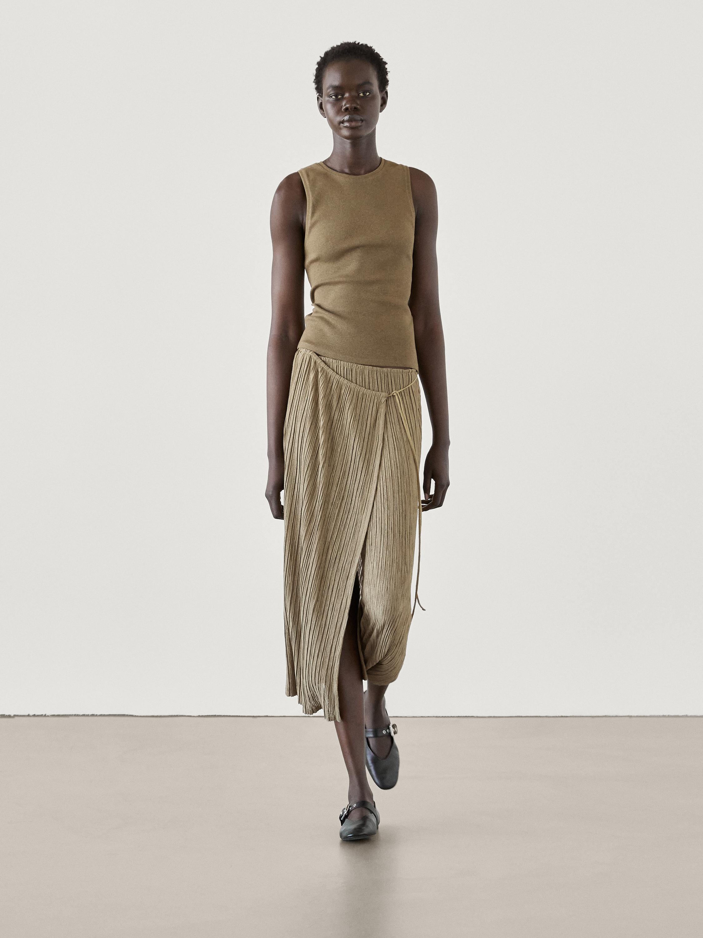 Pleated Midi Pareo Skirt Khaki L Massimo Dutti Women