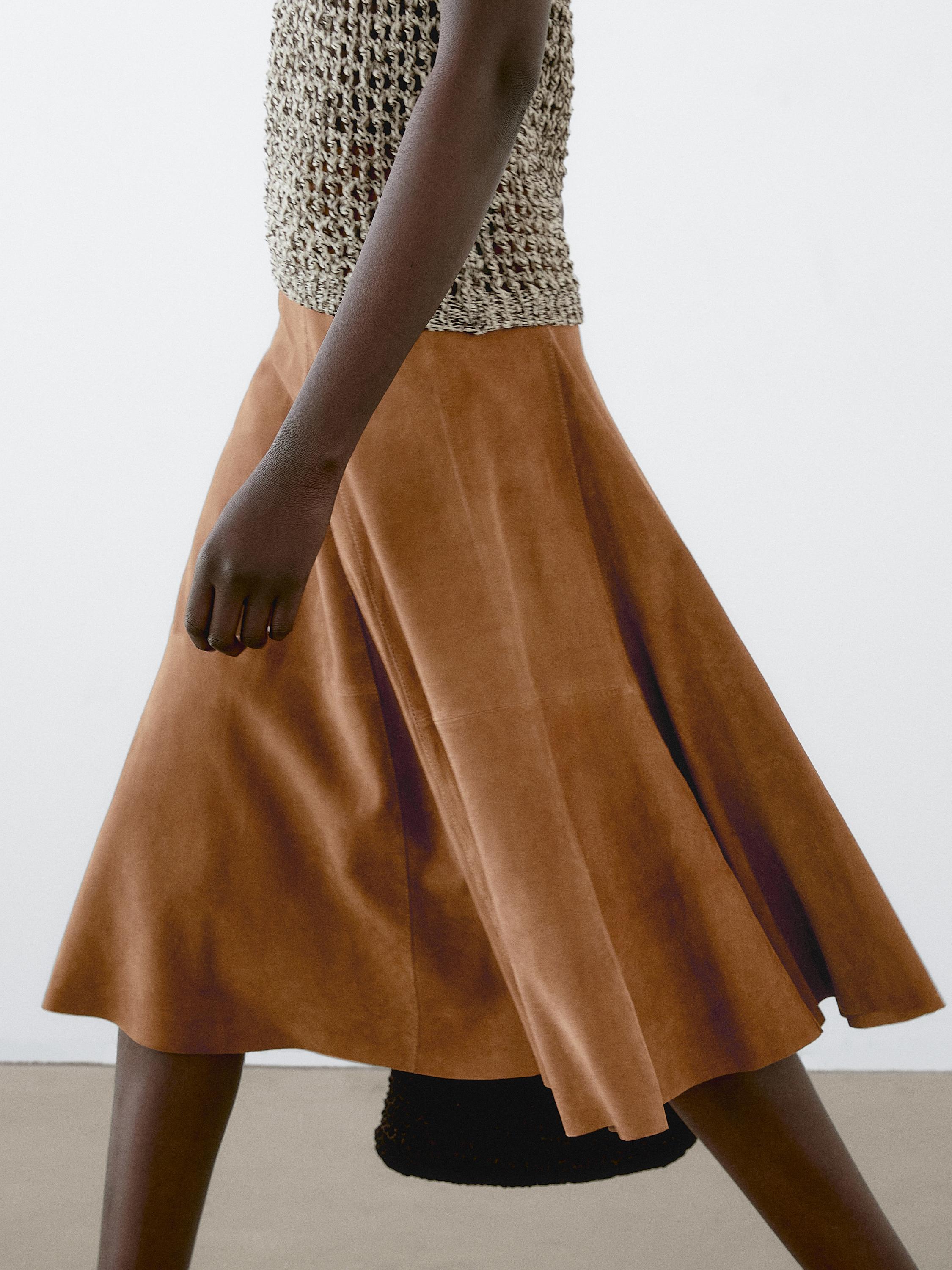 Suede leather flared midi skirt