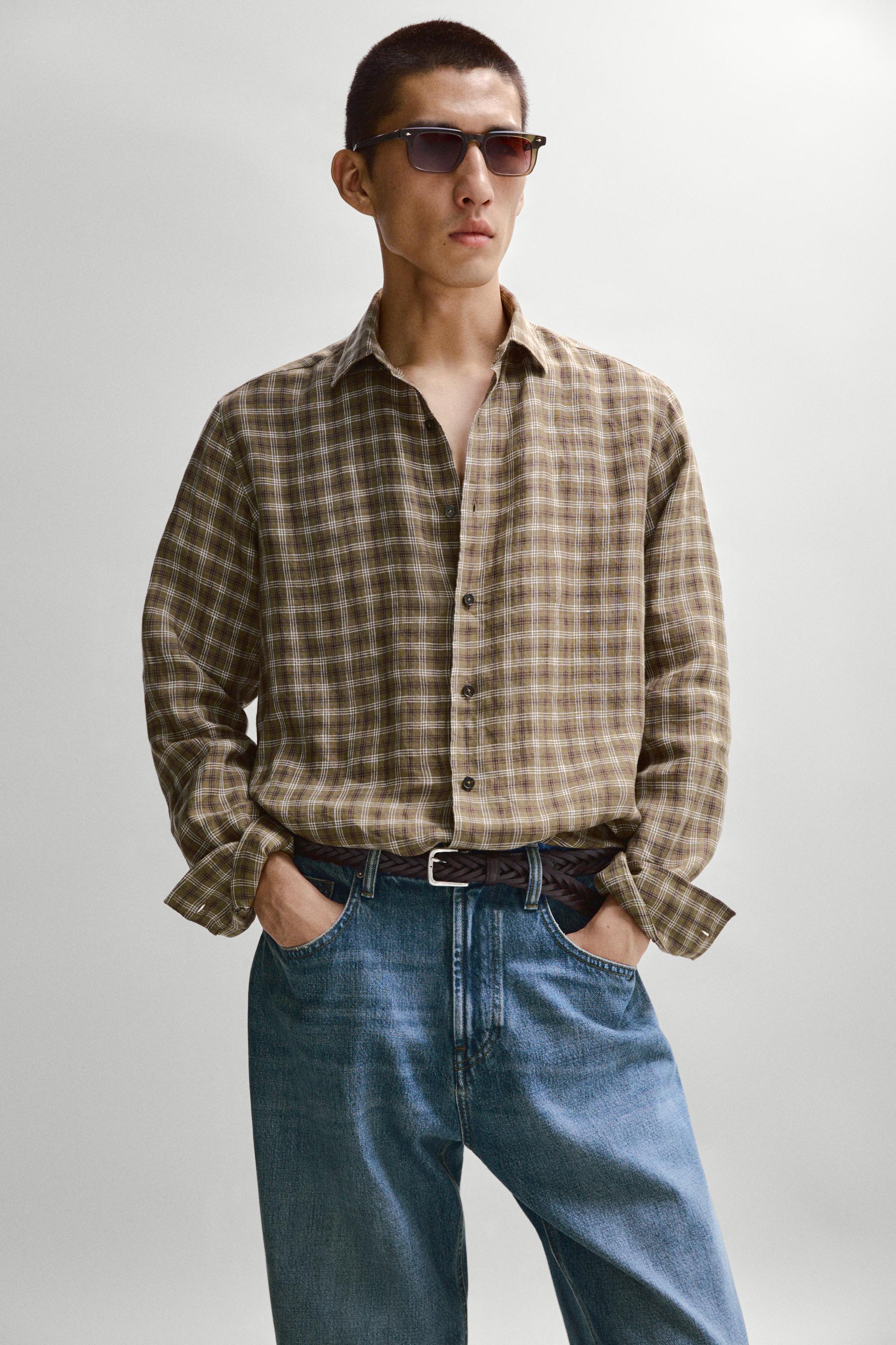 100% linen regular fit check shirt — BROWN MARL