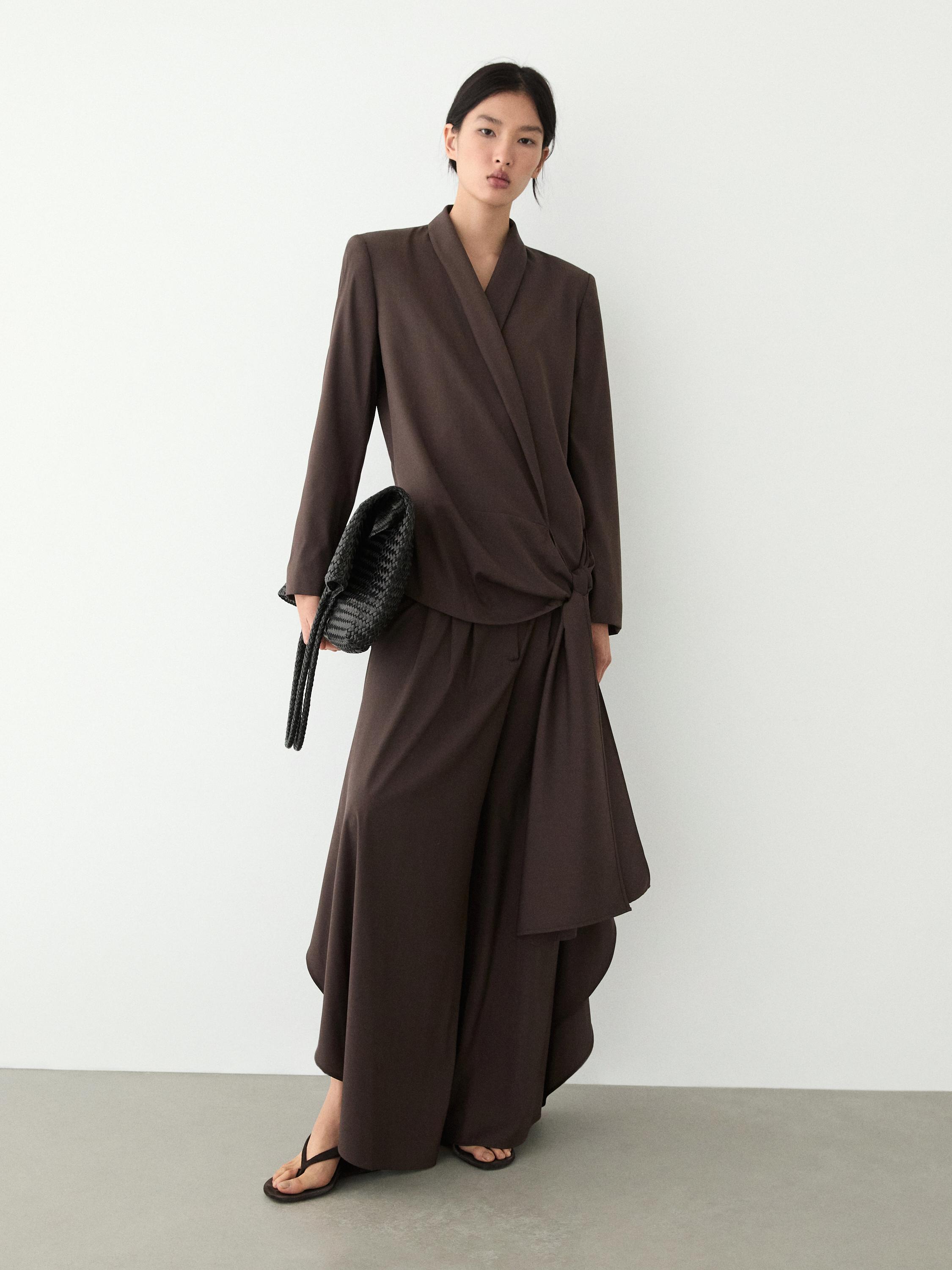 Wool blend blazer with tie detail — Chocolate