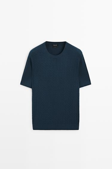 Cable-knit short sleeve sweater — DARK BLUE 2