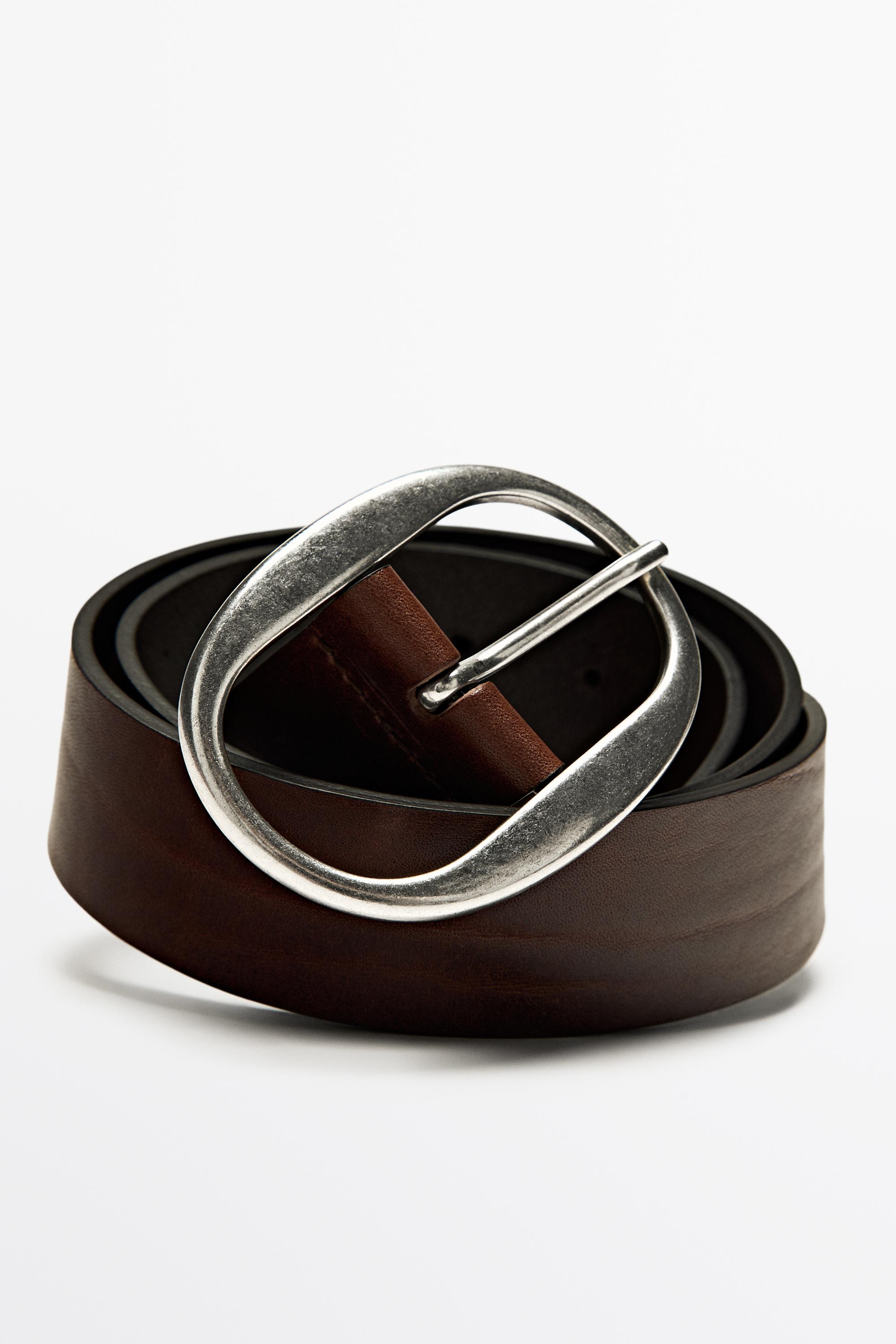 Nappa leather belt with oval buckle — BROWN