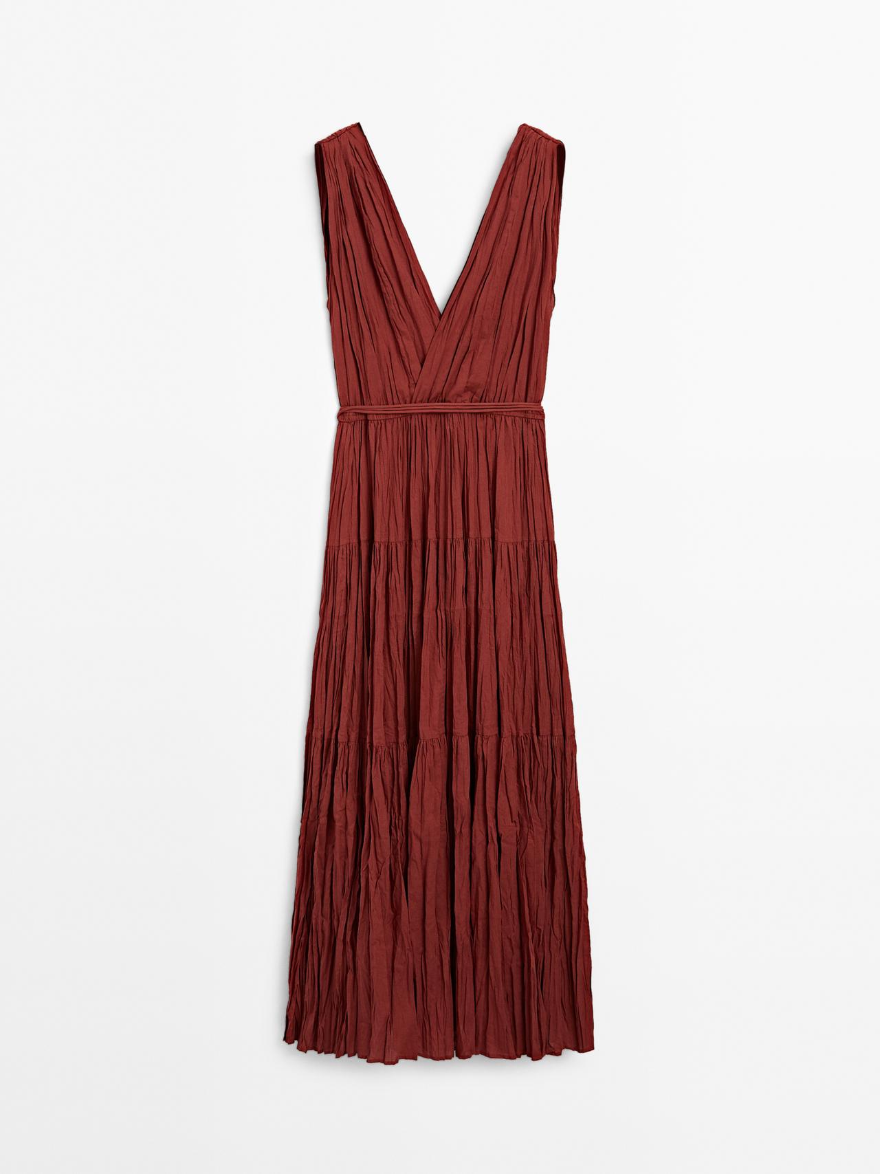 Massimo Dutti - Dame - Lang, Plisseret Kjole I 100 % Bomuld - Tegl - M