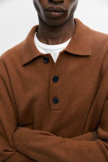 100% wool knit polo sweater with button detail — TOFFEE 8