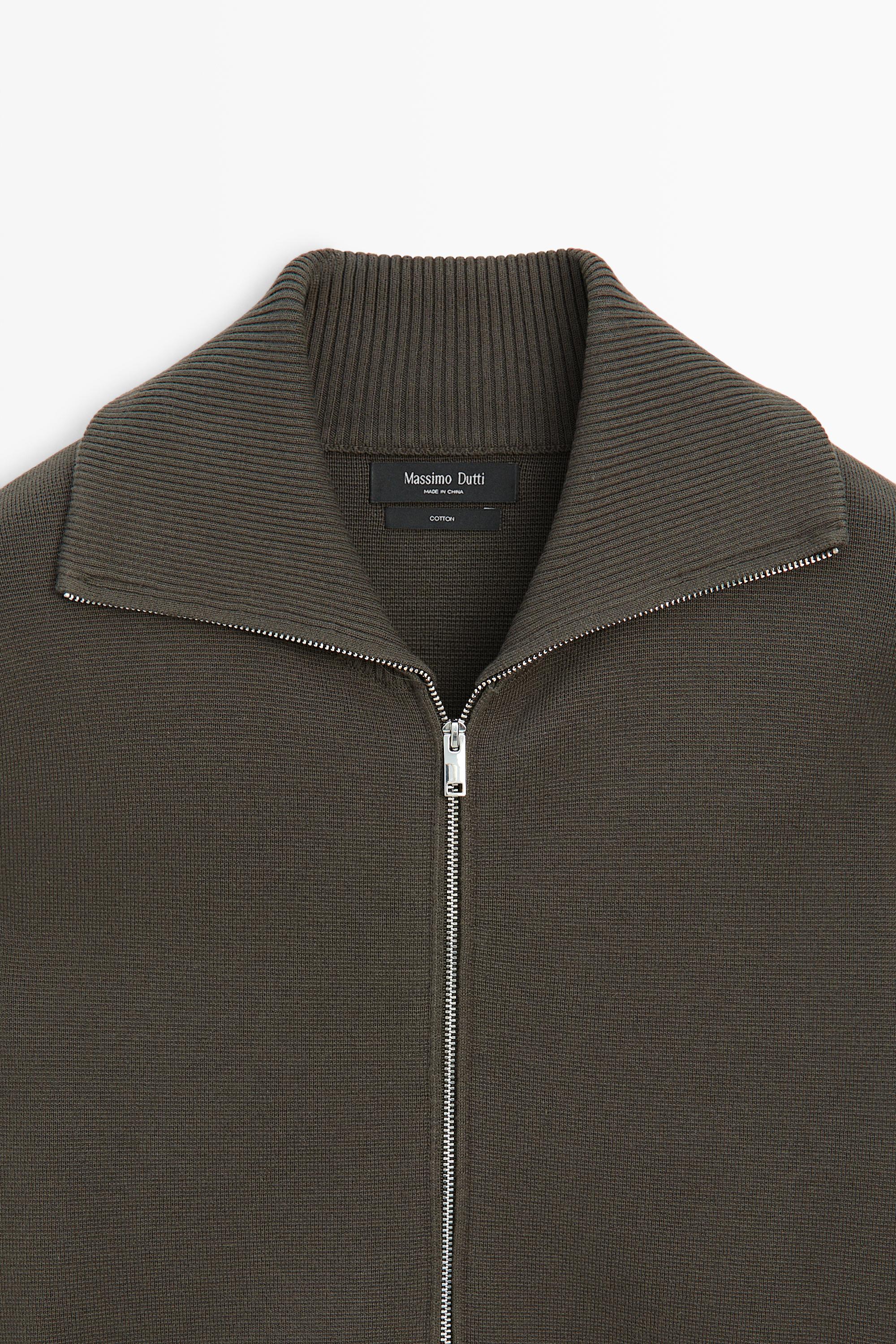 100% cotton zip-up knit cardigan — KHAKI