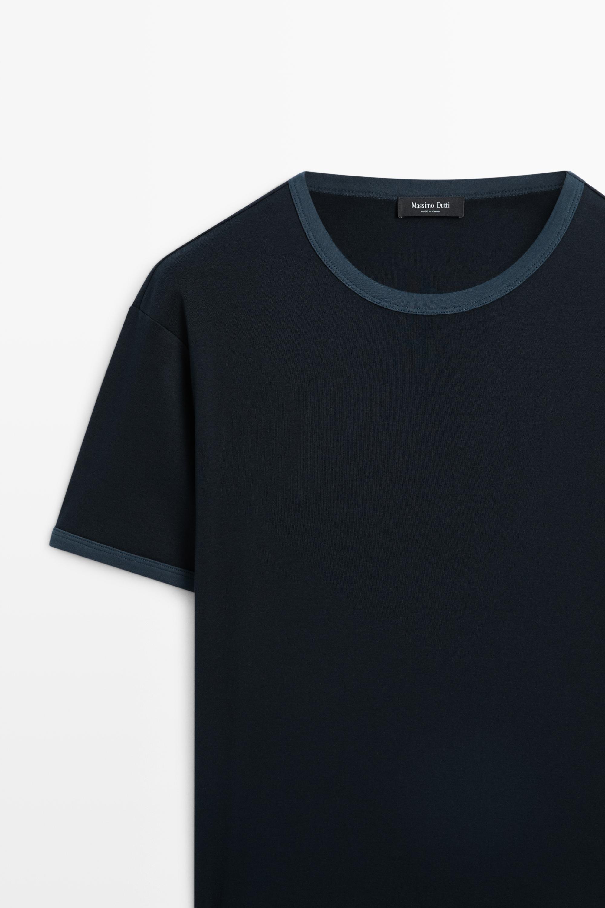 100% cotton contrast neck T-shirt — NAVY BLUE