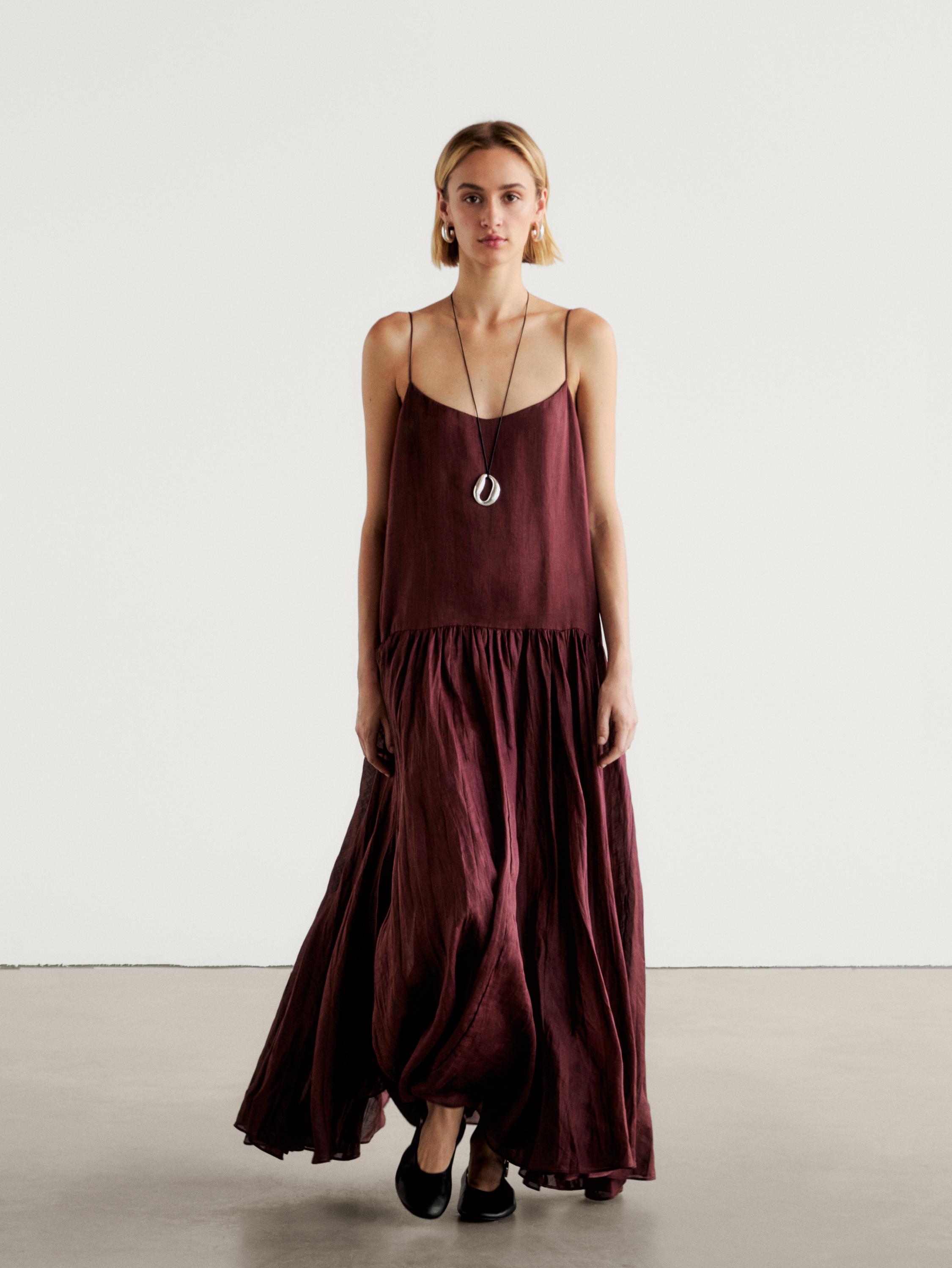 Long voluminous ramie dress Burgundy Smart Dresses And Jumpsuits Massimo Dutti