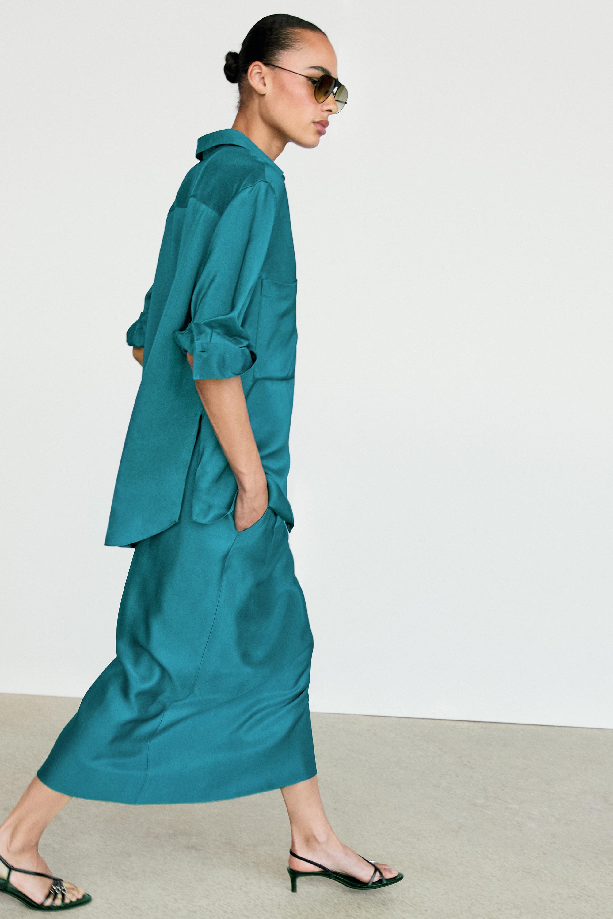 Satin midi skirt with pockets — BLUE