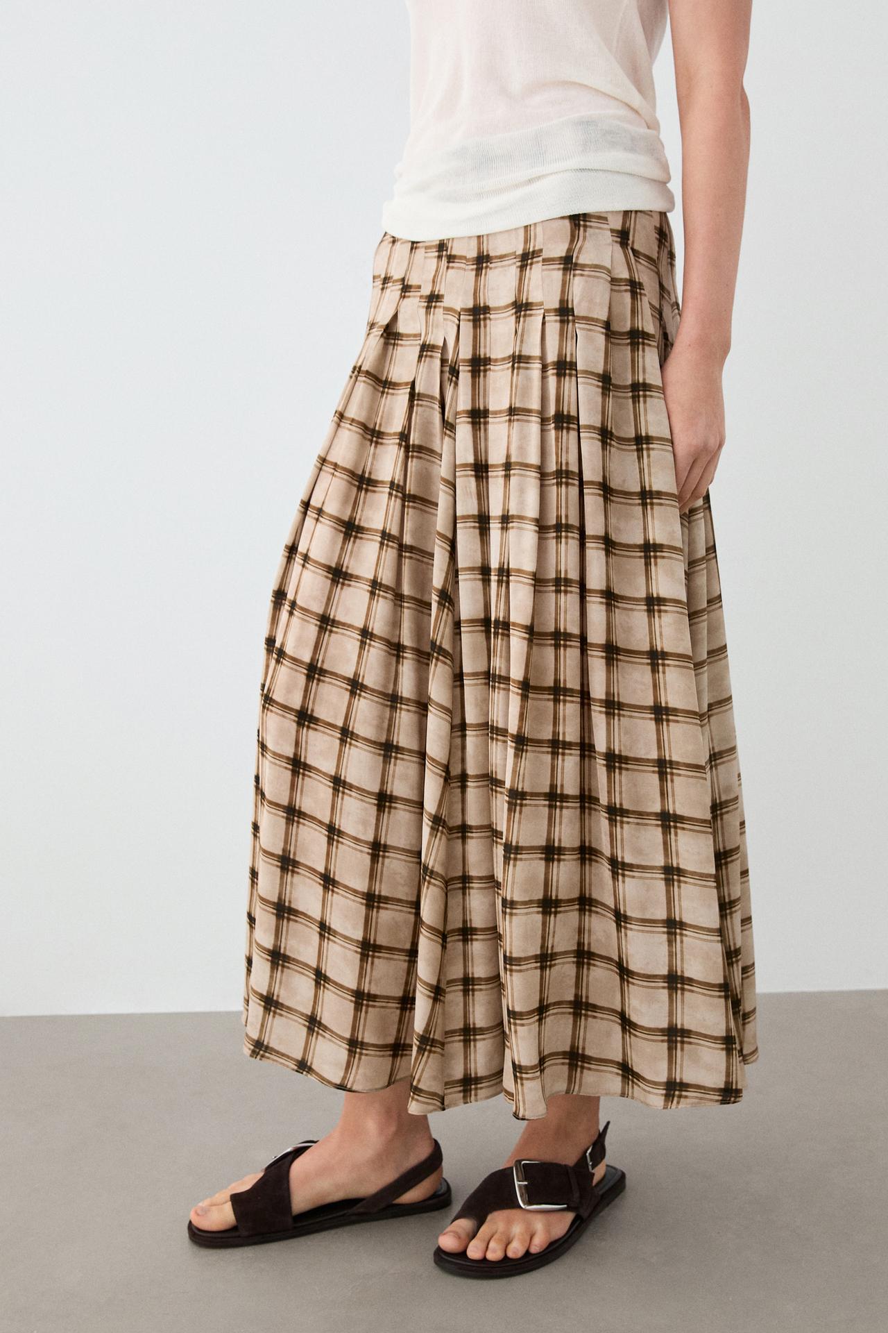 Flowing check midi skirt co-ord — PALE MINK