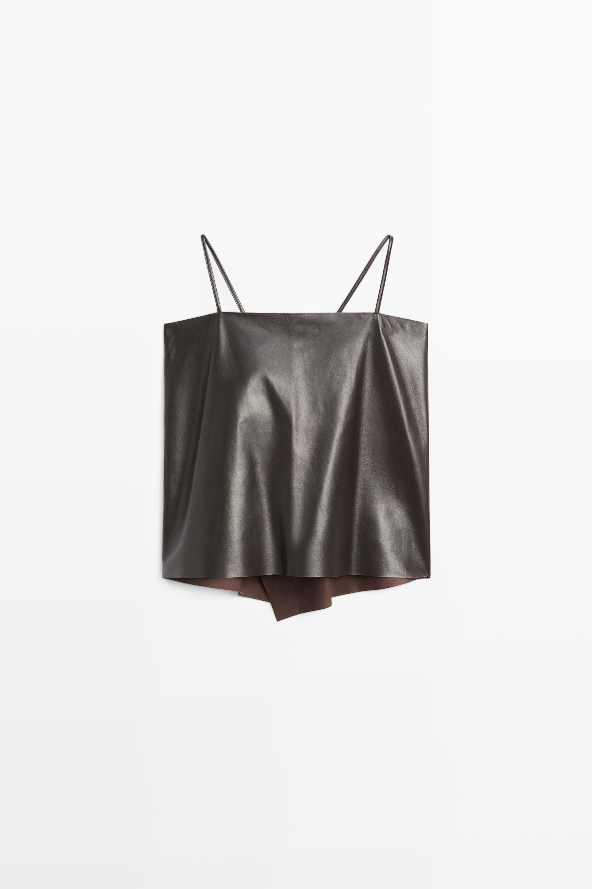 Nappa leather strappy top with back detail — BROWN