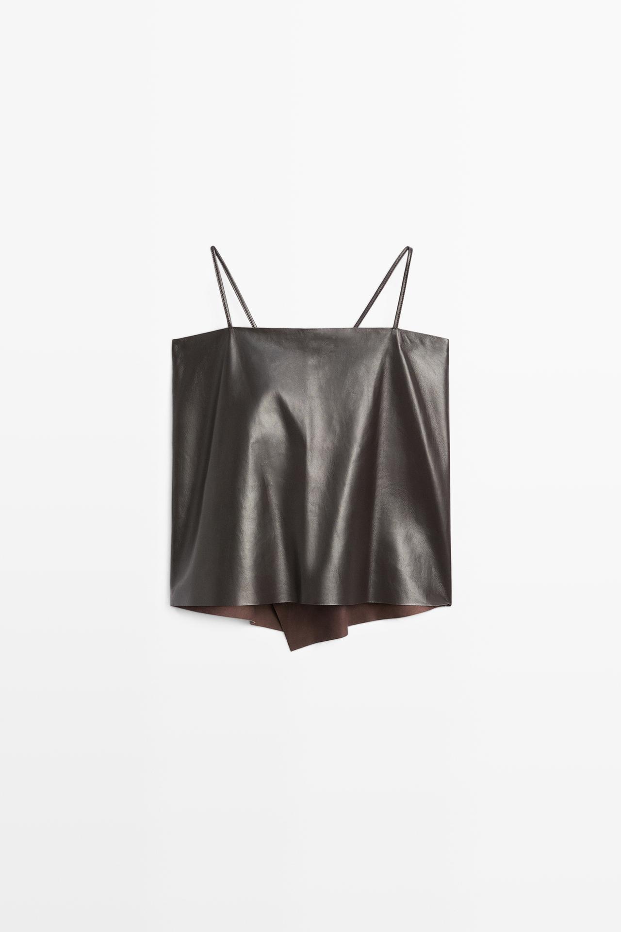 Nappa leather strappy top with back detail — BROWN