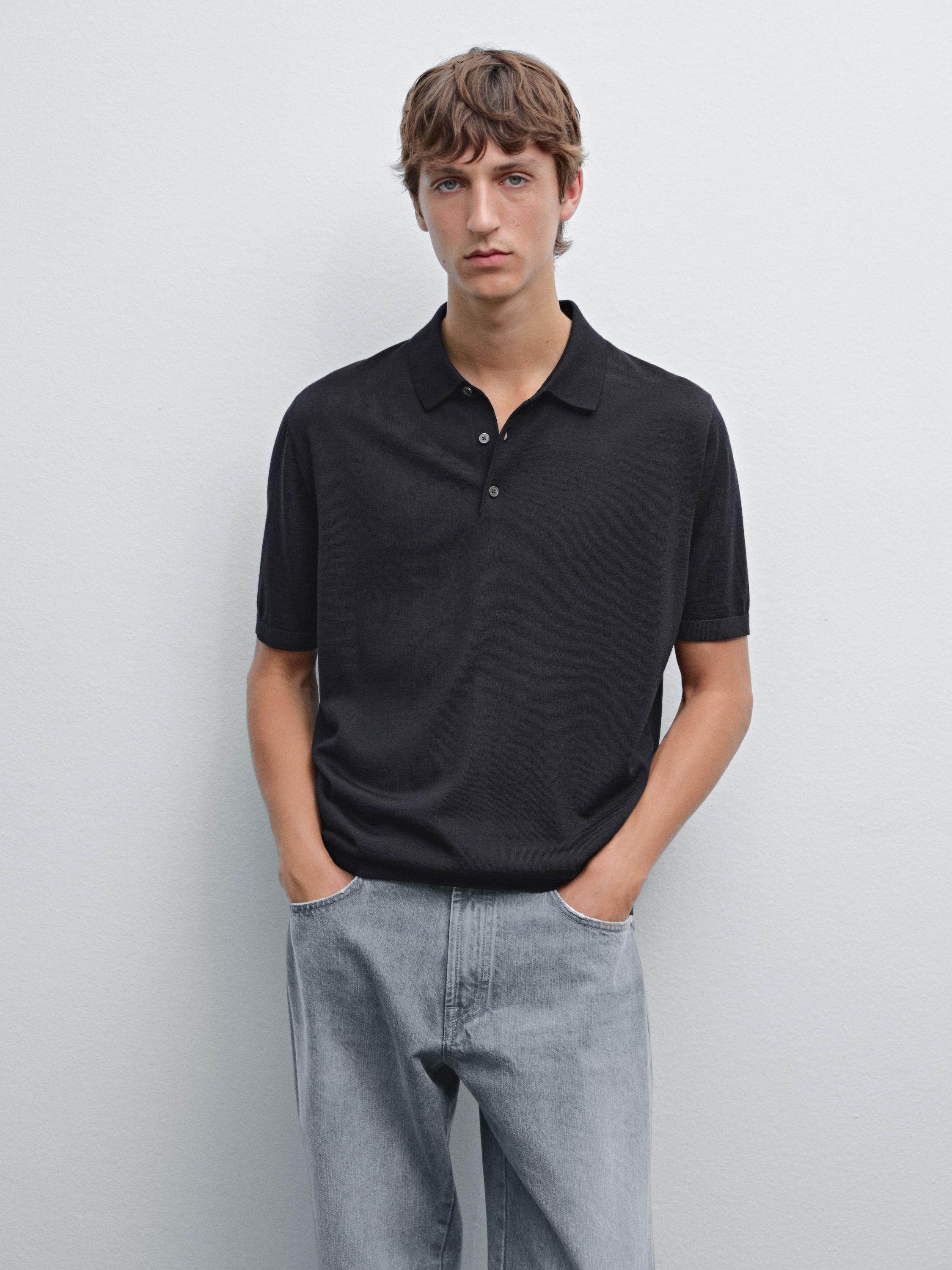 Strickpoloshirt aus Wollmischgewebe mit kurzen Ärmeln