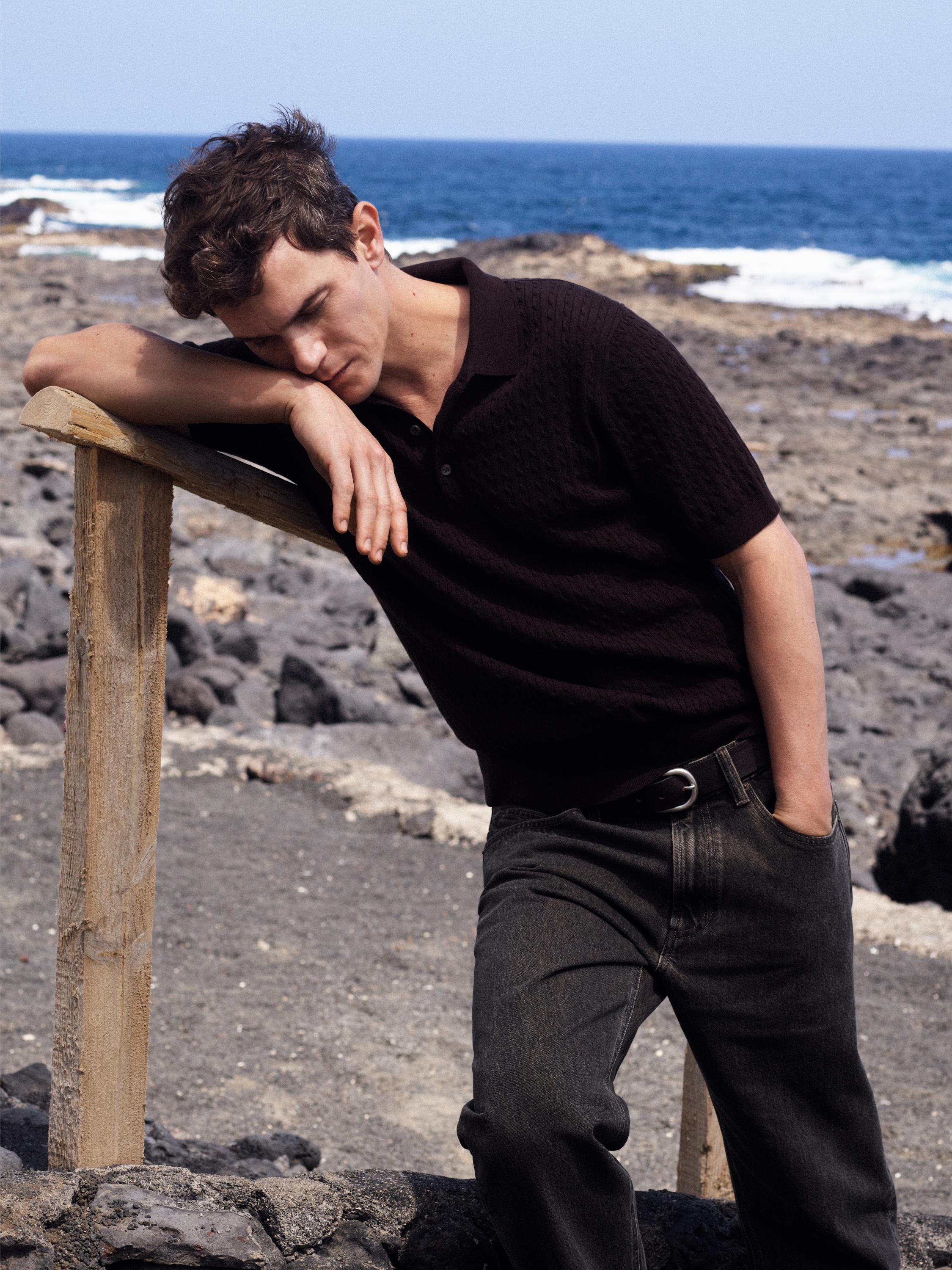 100% cotton cable-knit polo sweater