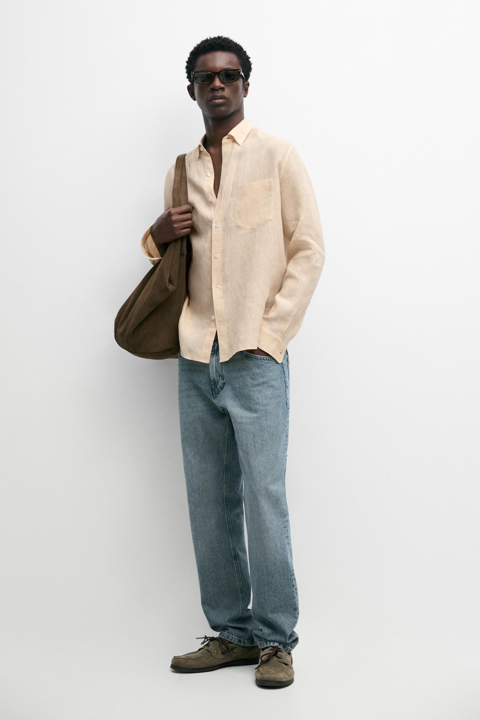 Regular fit 100% linen patch pocket shirt — DARK ORANGE