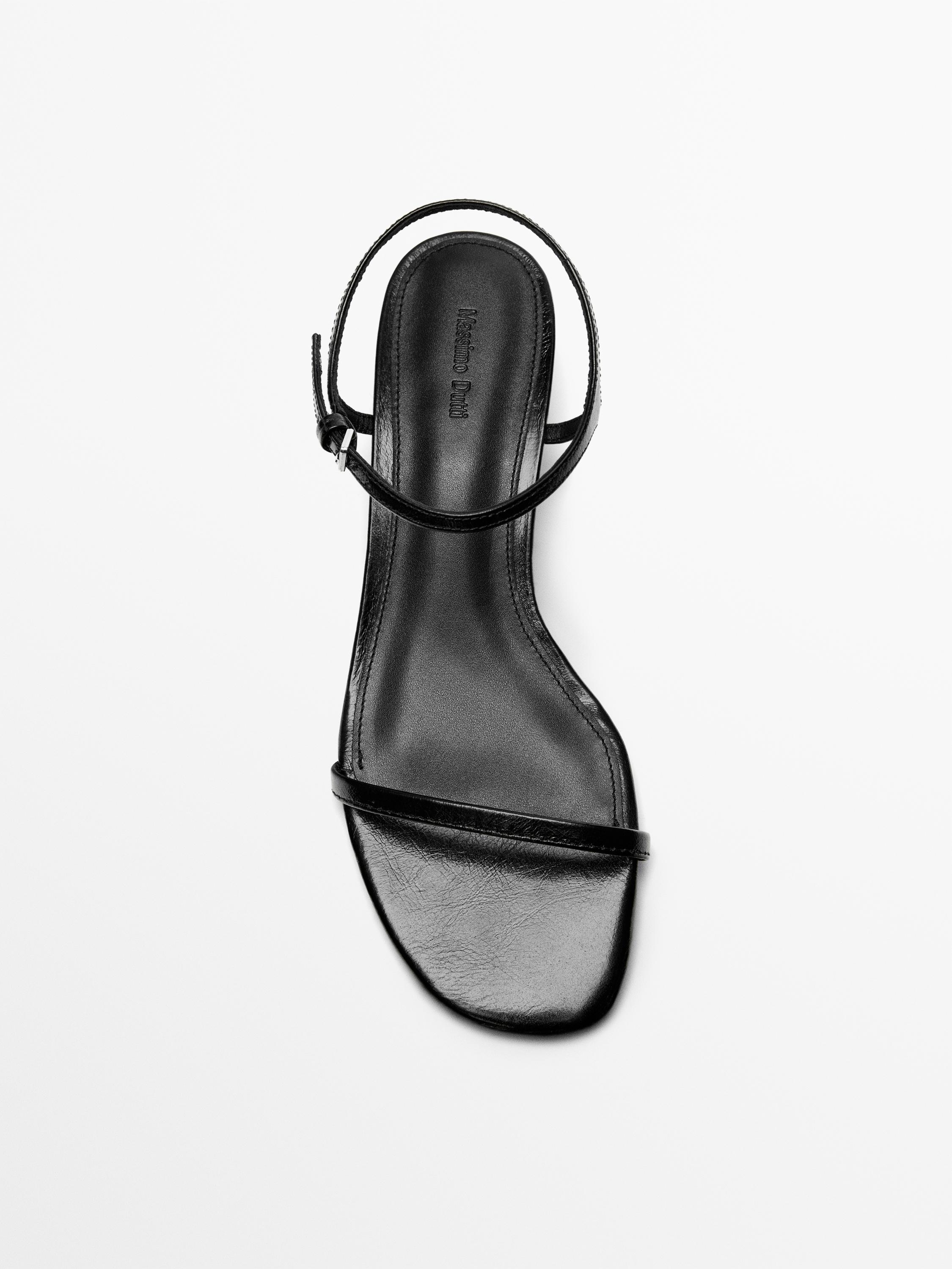 Strappy leather mid-wedge sandals — BLACK