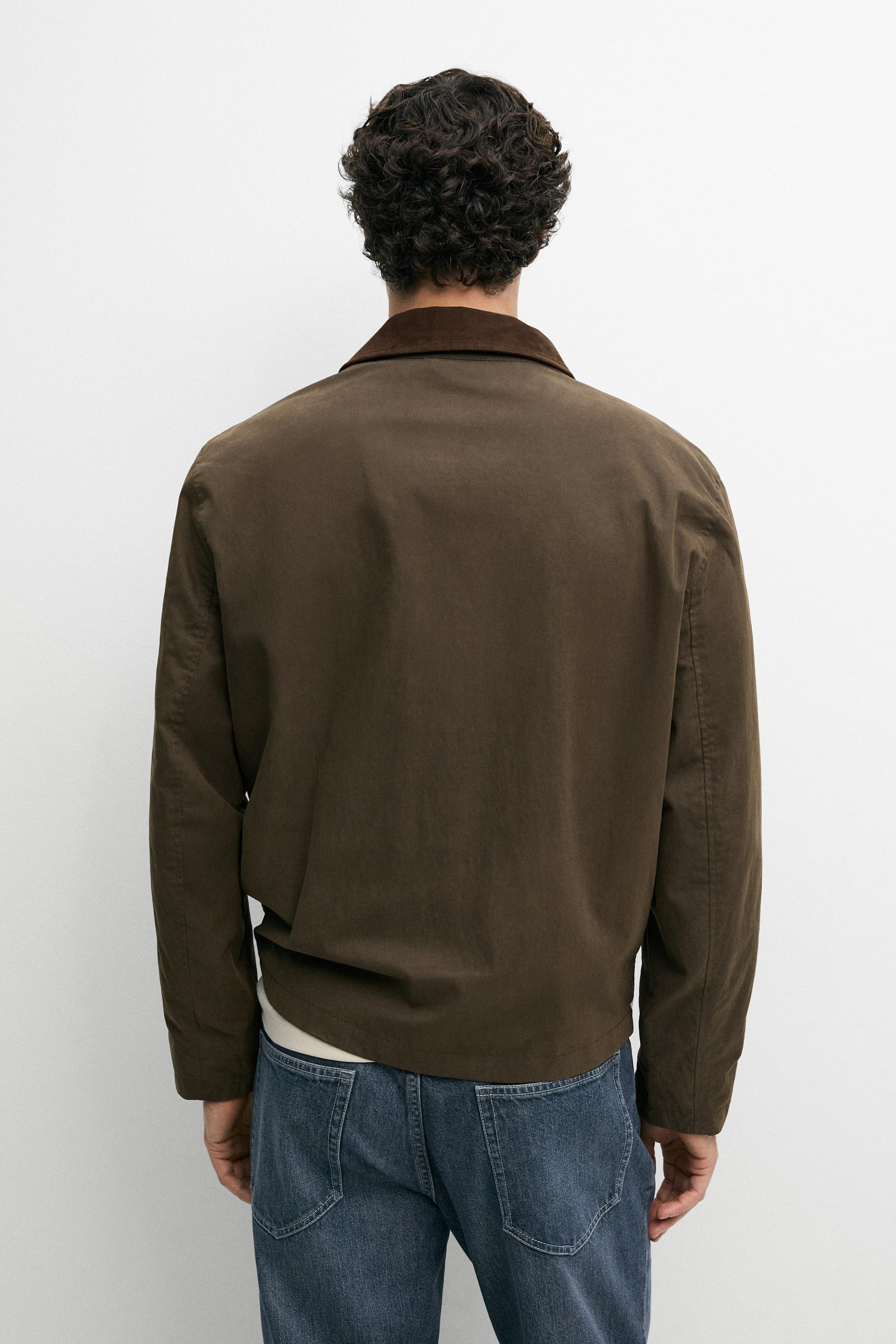 Jacket with leather collar detail — DARK KHAKI