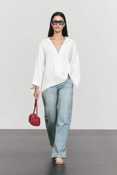 100% linen polo collar shirt — WHITE 1