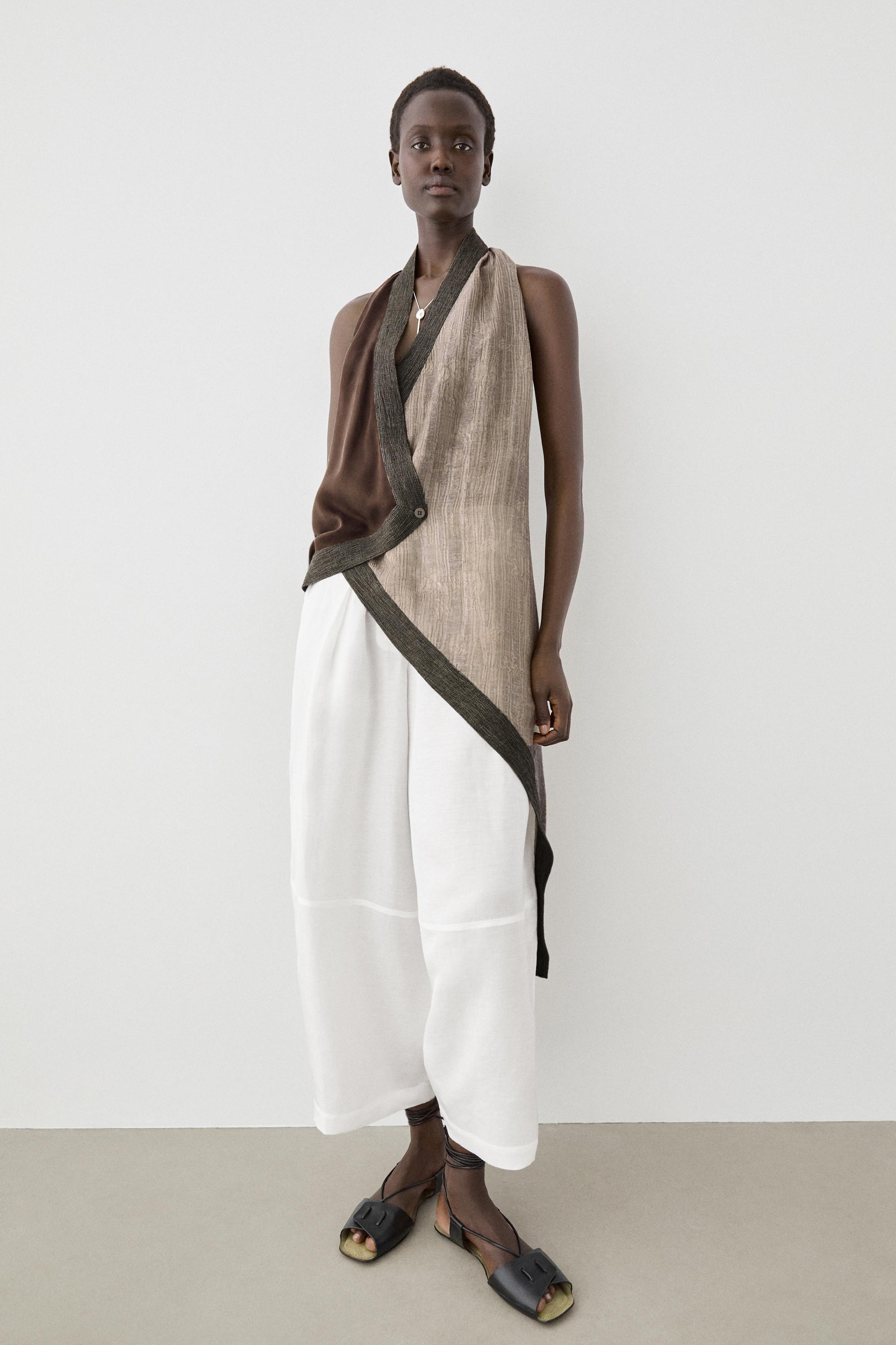 Flowing wrap top with mixed fabric detail — BROWN