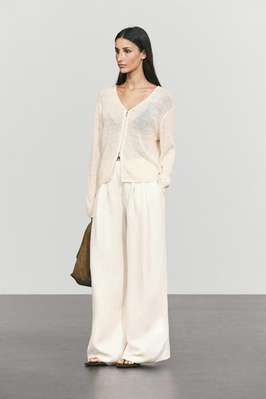 100% linen knit zip-up cardigan — Off white 8
