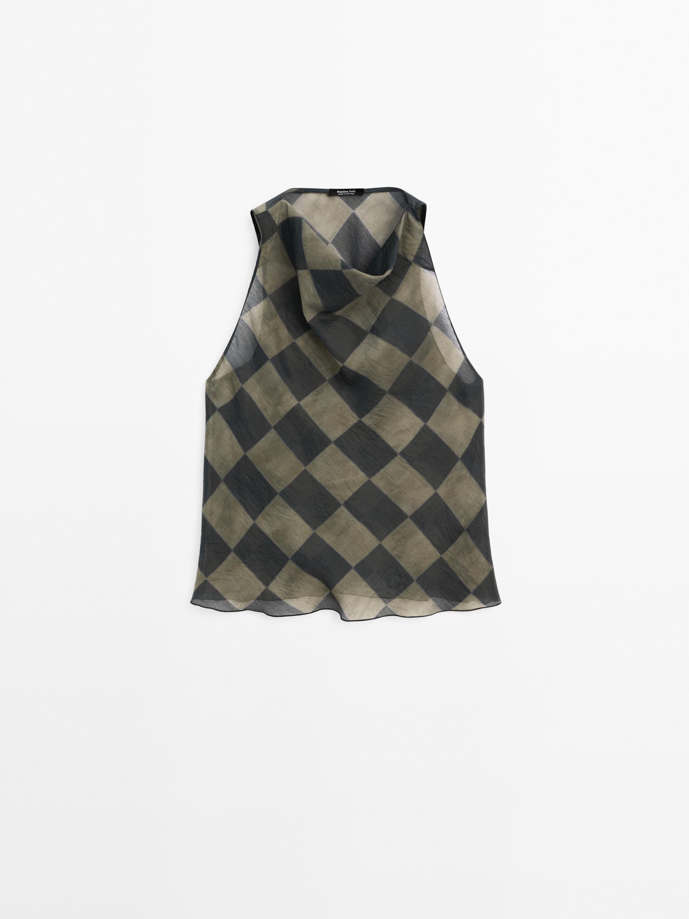 Drapiertes Neckholder-Top mit Karomuster