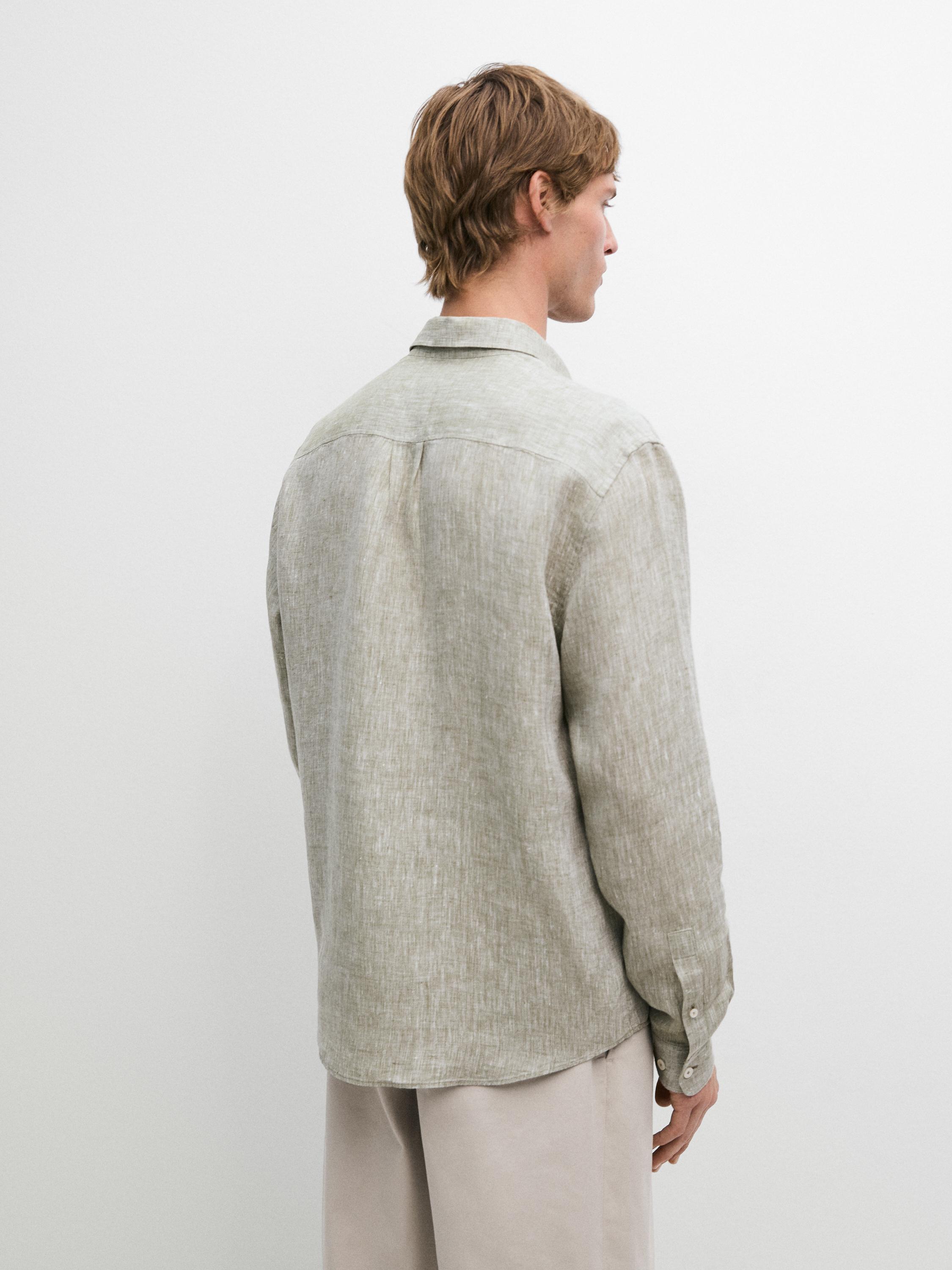 Regular fit linen shirt with pocket — Green billiard