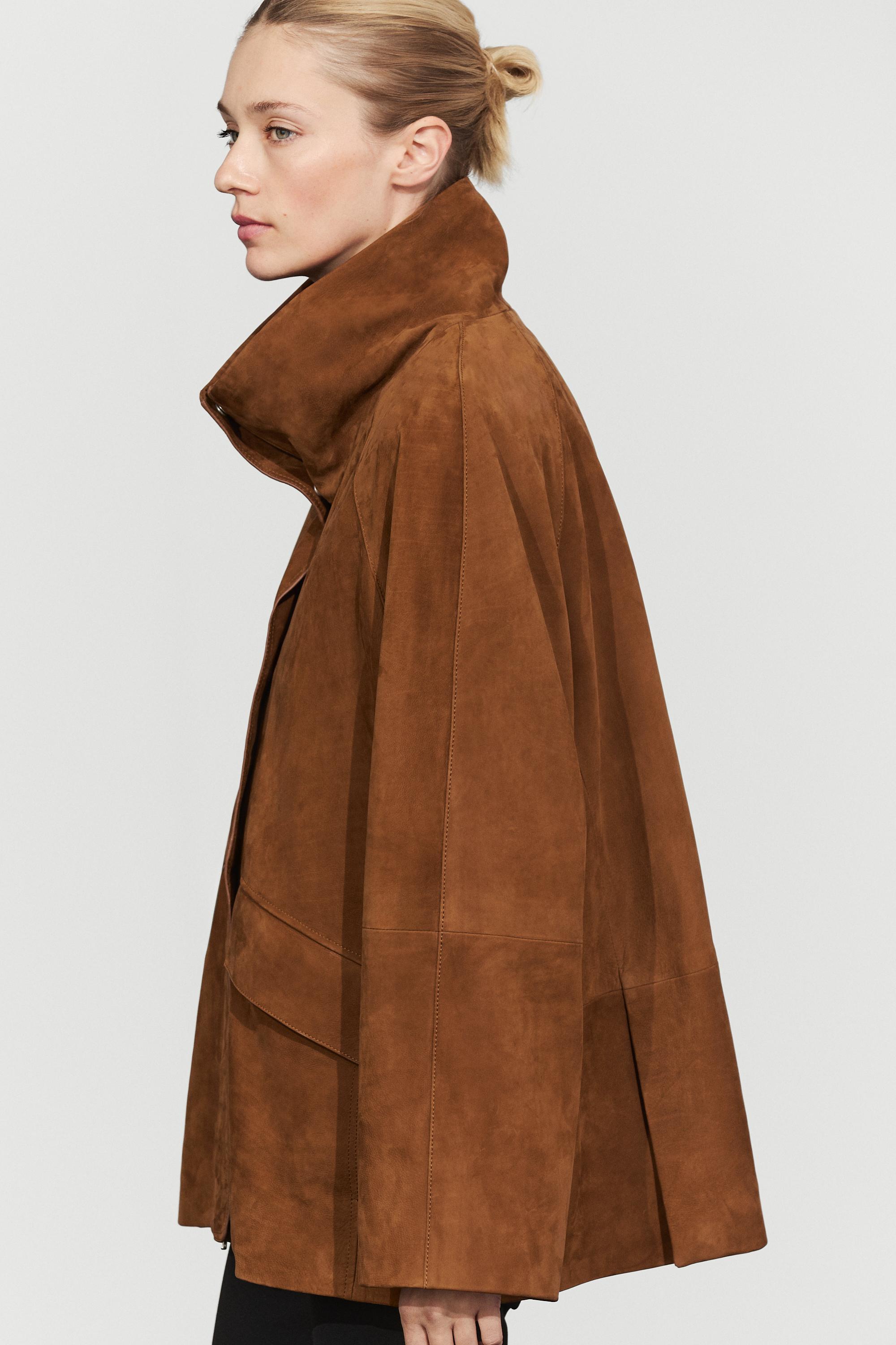 Nubuck leather high collar coat — COPPER