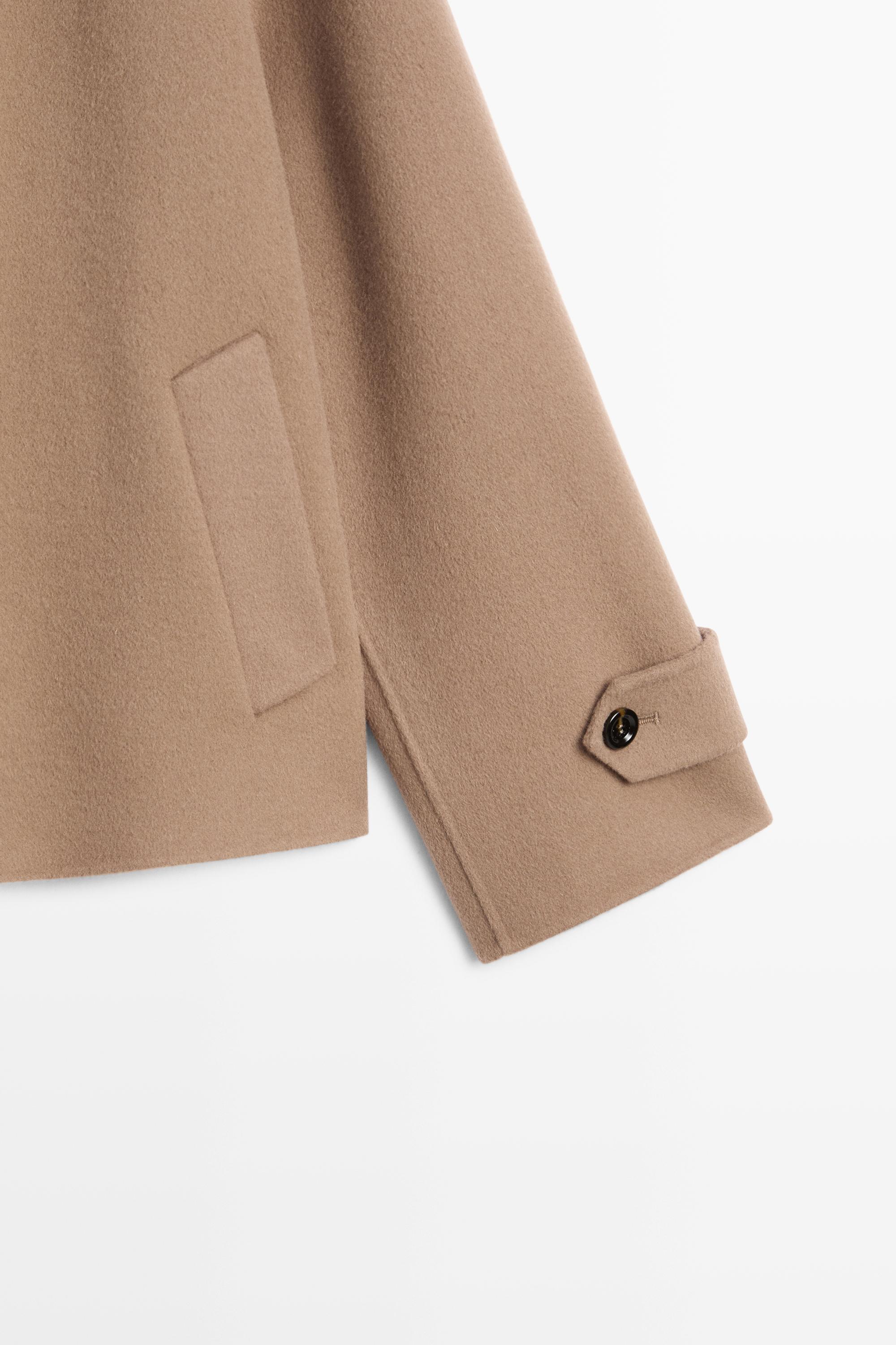 Short stand-up collar wool blend coat — Khaki