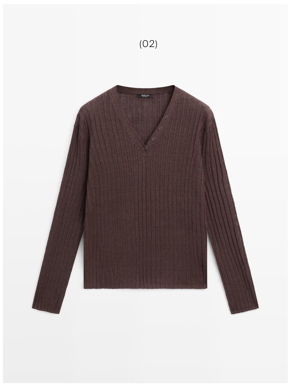 100% linen knit sweater with button details — Chocolate