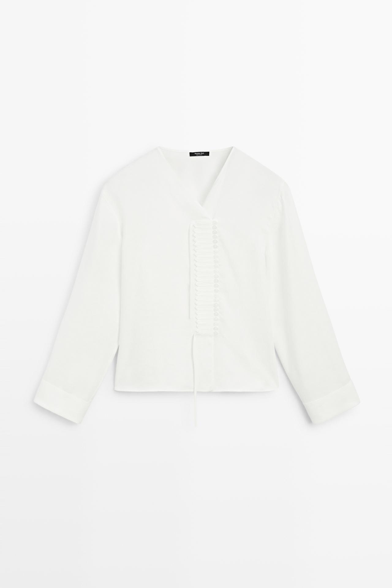 Flowing linen blend blouse with button detail — WHITE