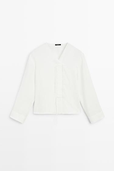 Flowing linen blend blouse with button detail — WHITE 2