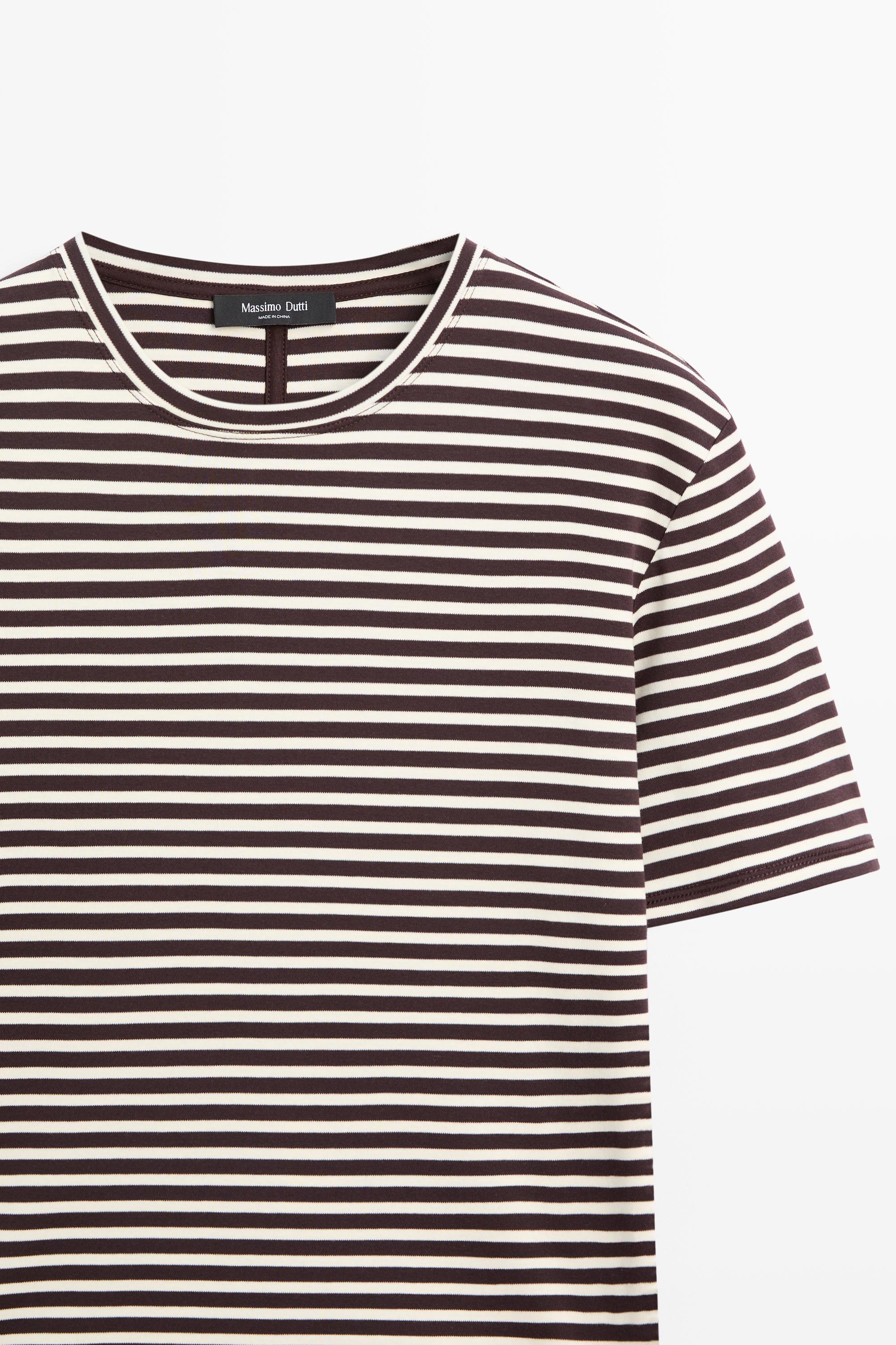 100% cotton striped short sleeve T-shirt — BROWN
