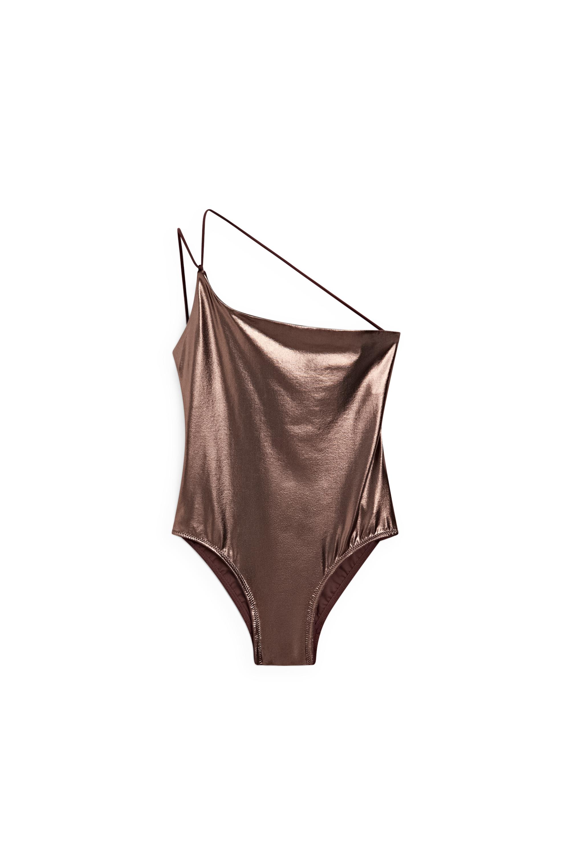 Swimsuit with asymmetric strap — BROWN