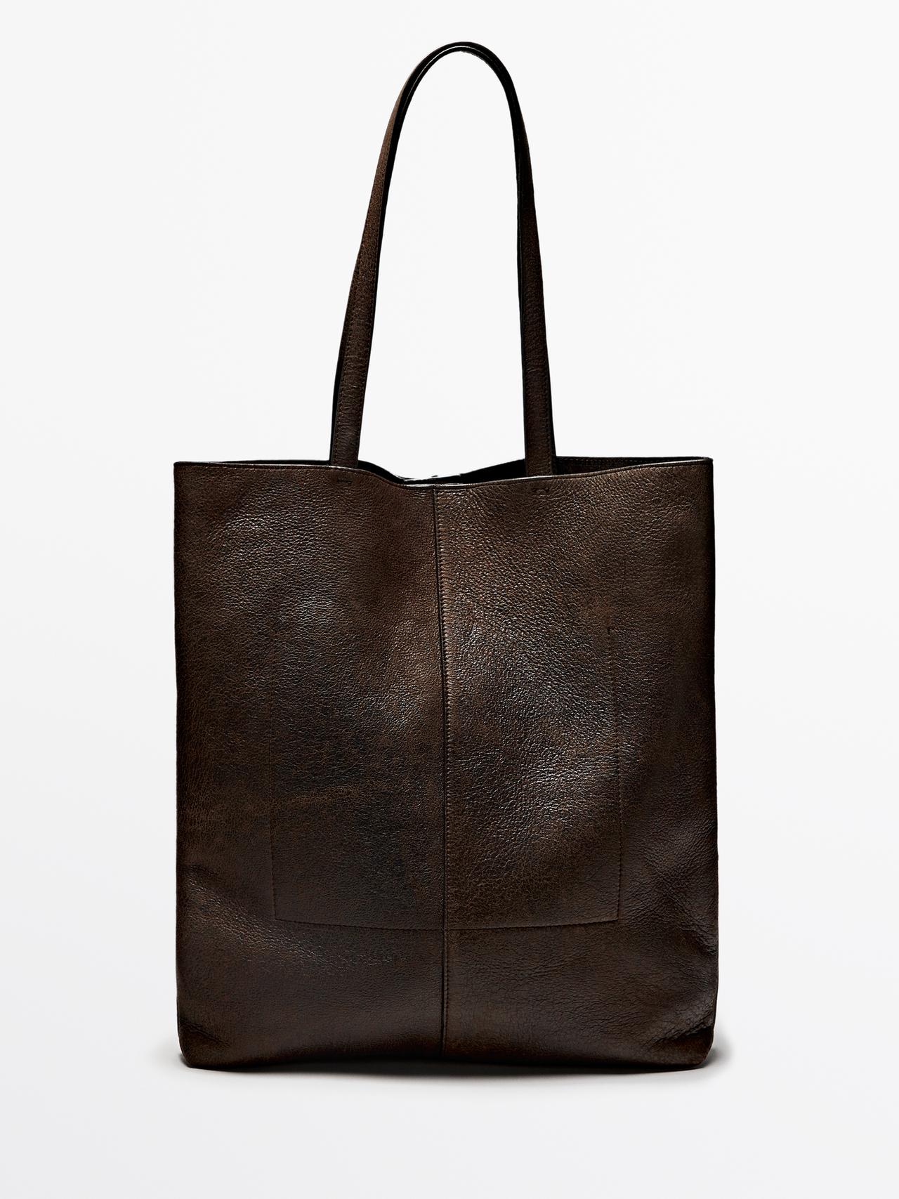 Massimo Dutti - Herre - Shoppertaske I Ruskind Med Krakeleret Finish - Brun - 01