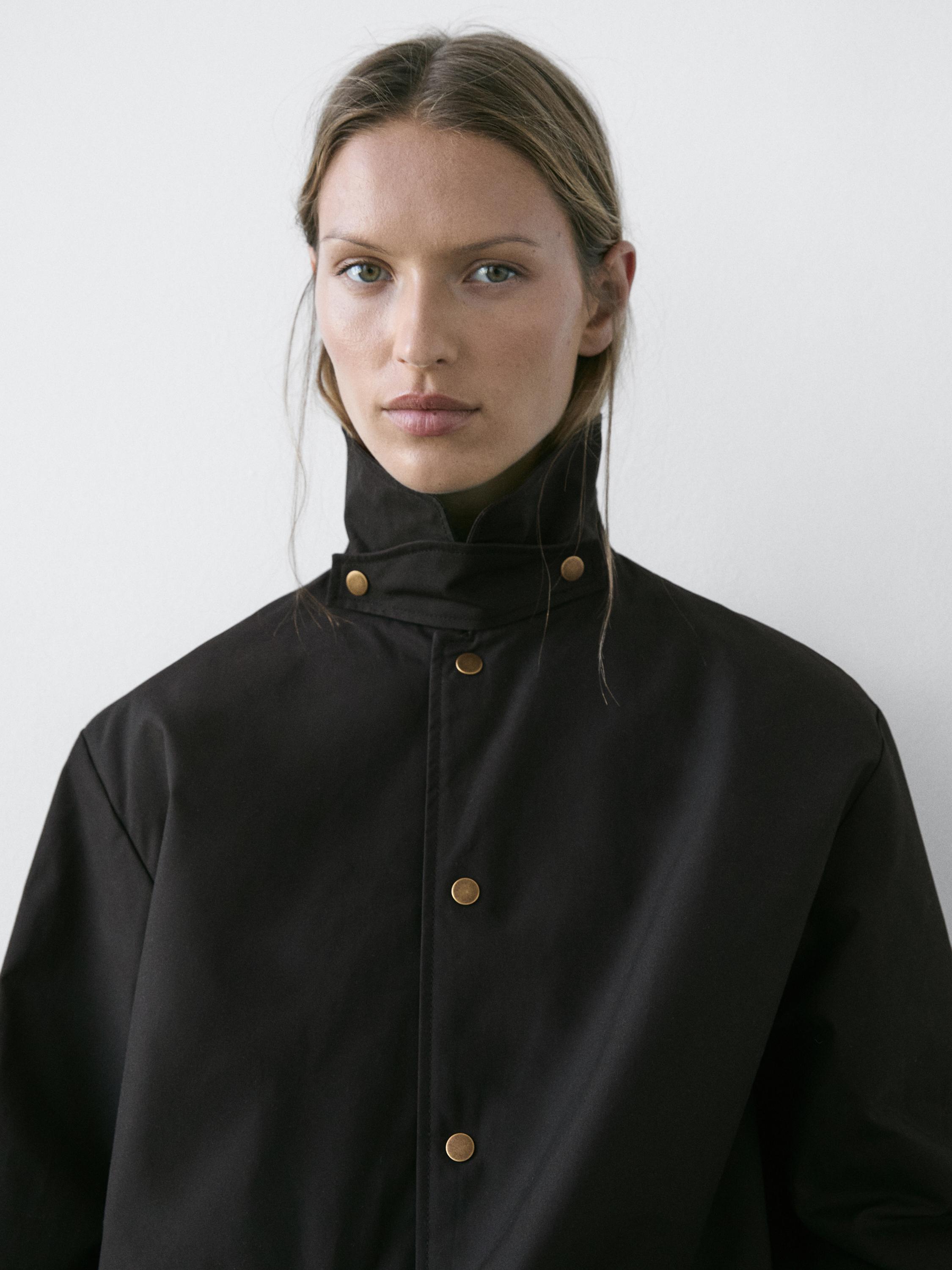 Long cotton parka with collar detail — BLACK