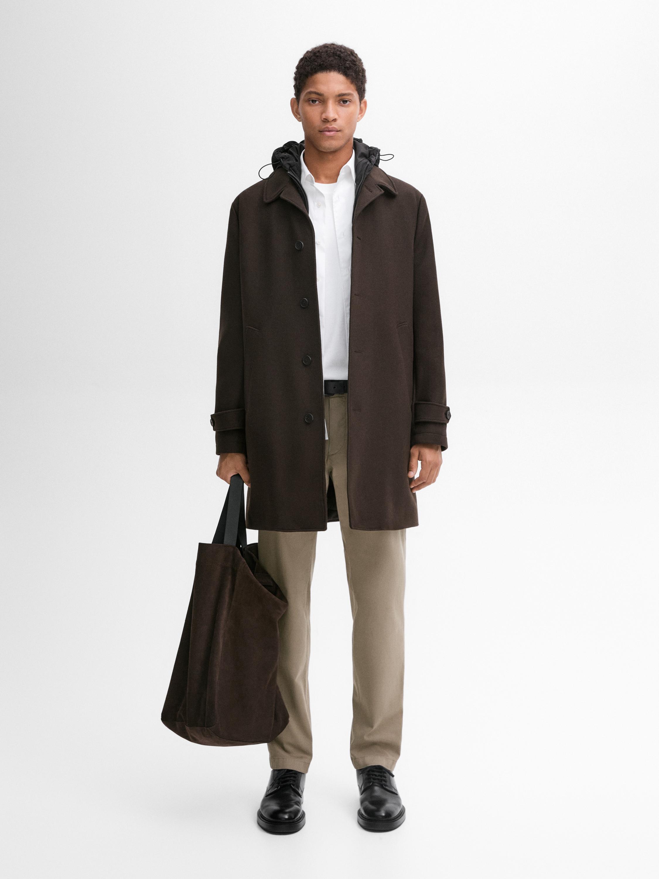 Wool blend coat with hood detail · Brown · Coats And Jackets | Massimo Dutti