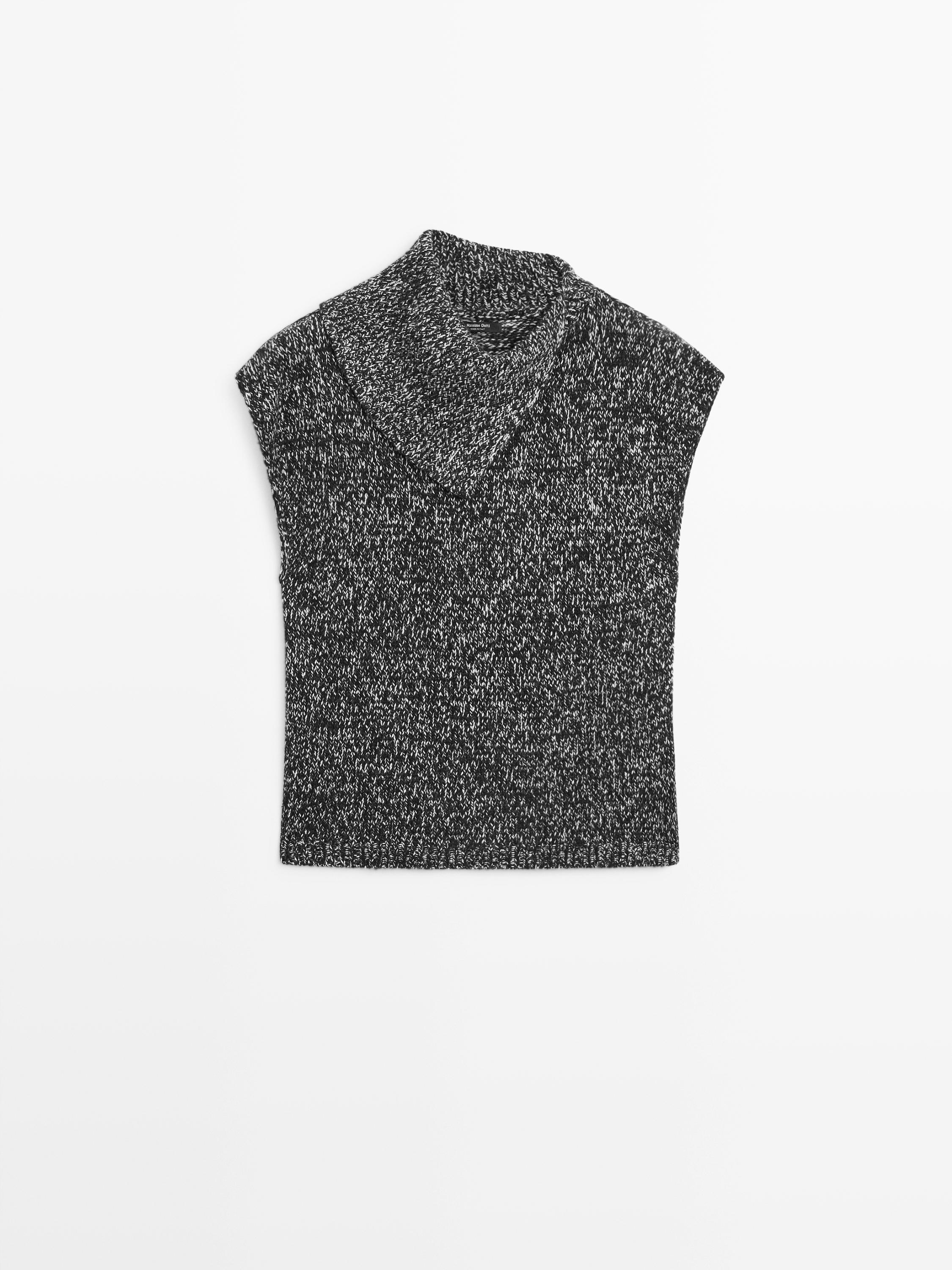 Mouliné knit vest with collar detail — BLACK