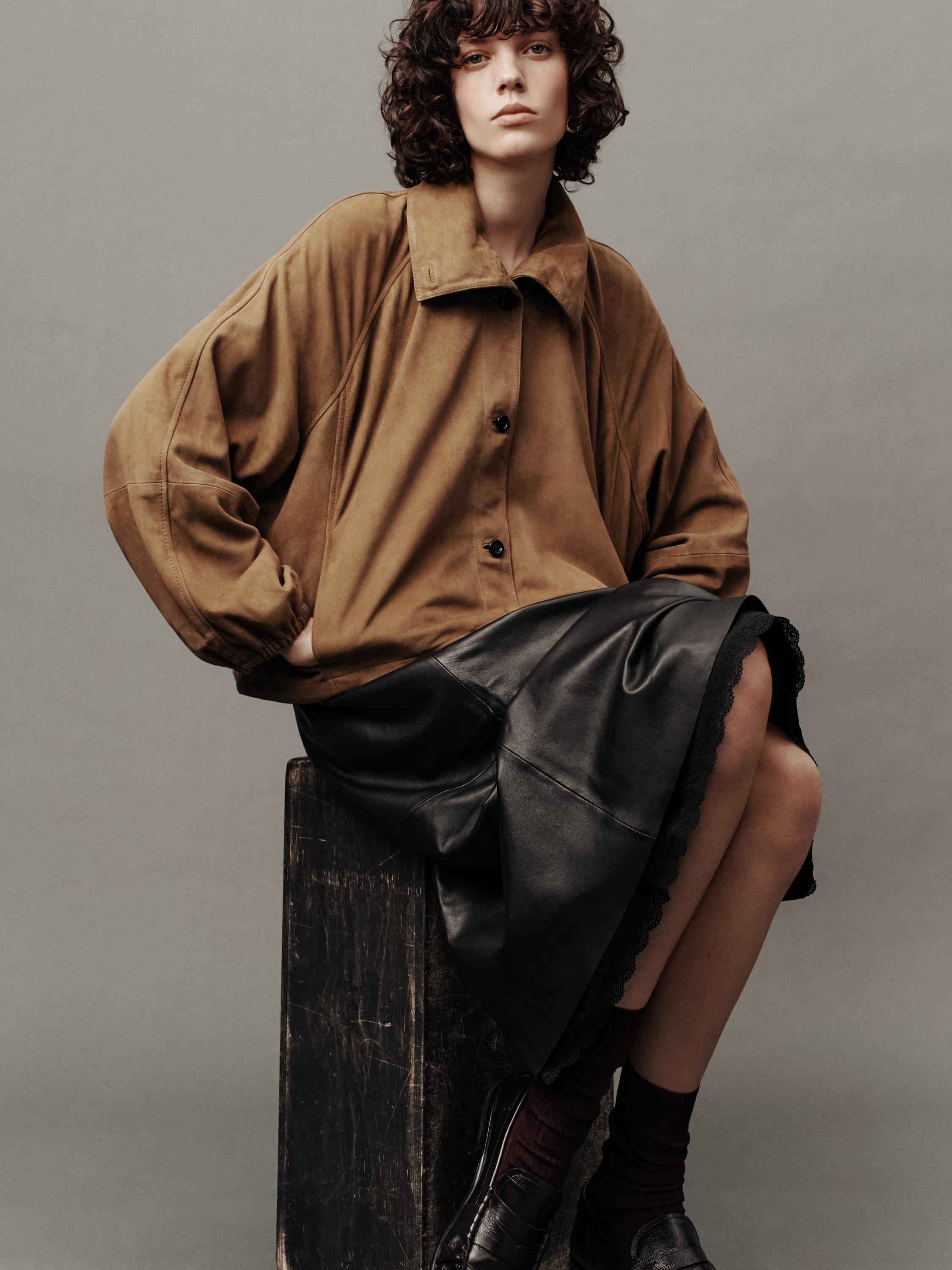Nappa leather midi skirt with lace detail — BLACK