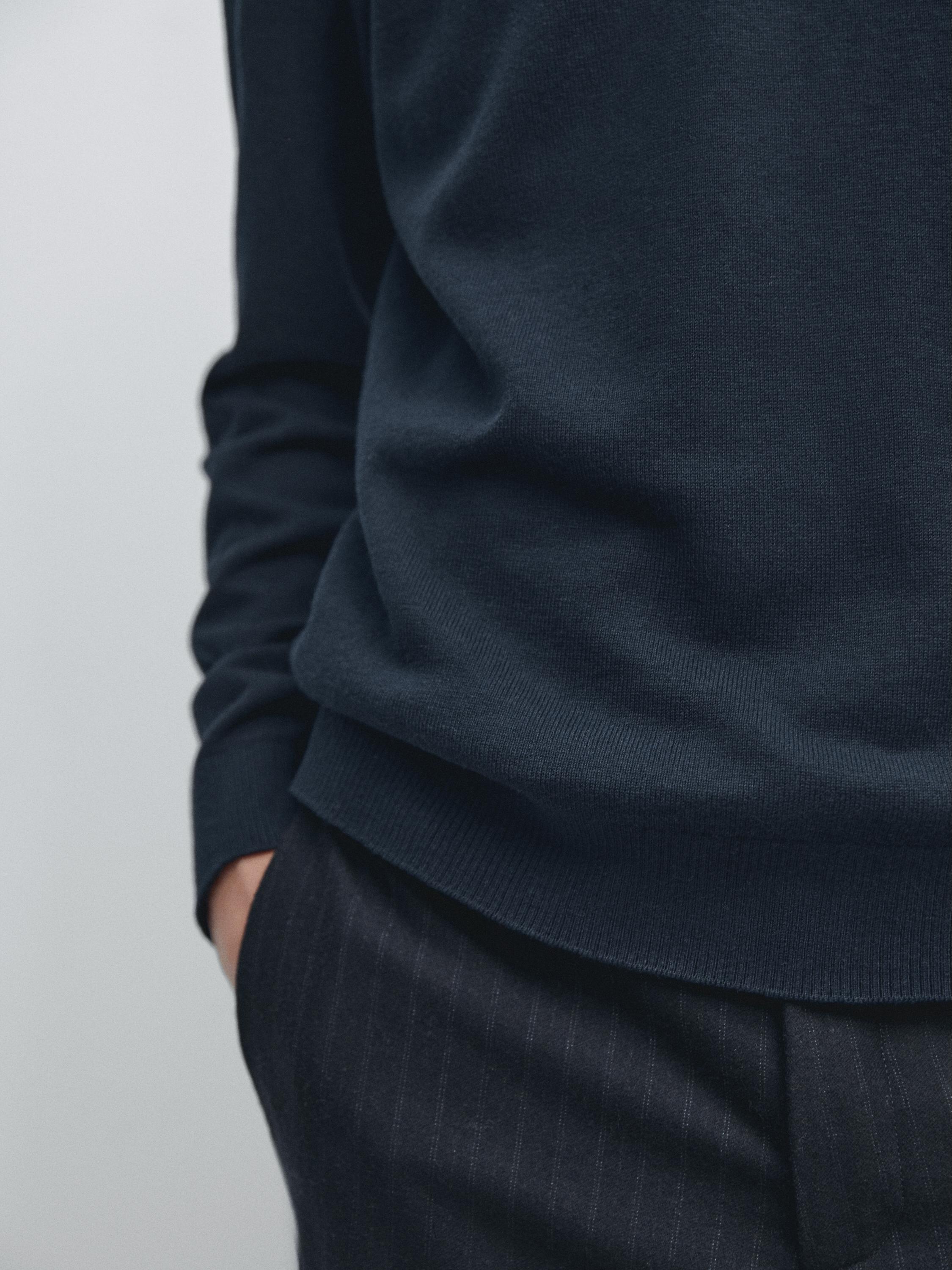 Knit cotton and wool sweater with crew neck — NAVY BLUE
