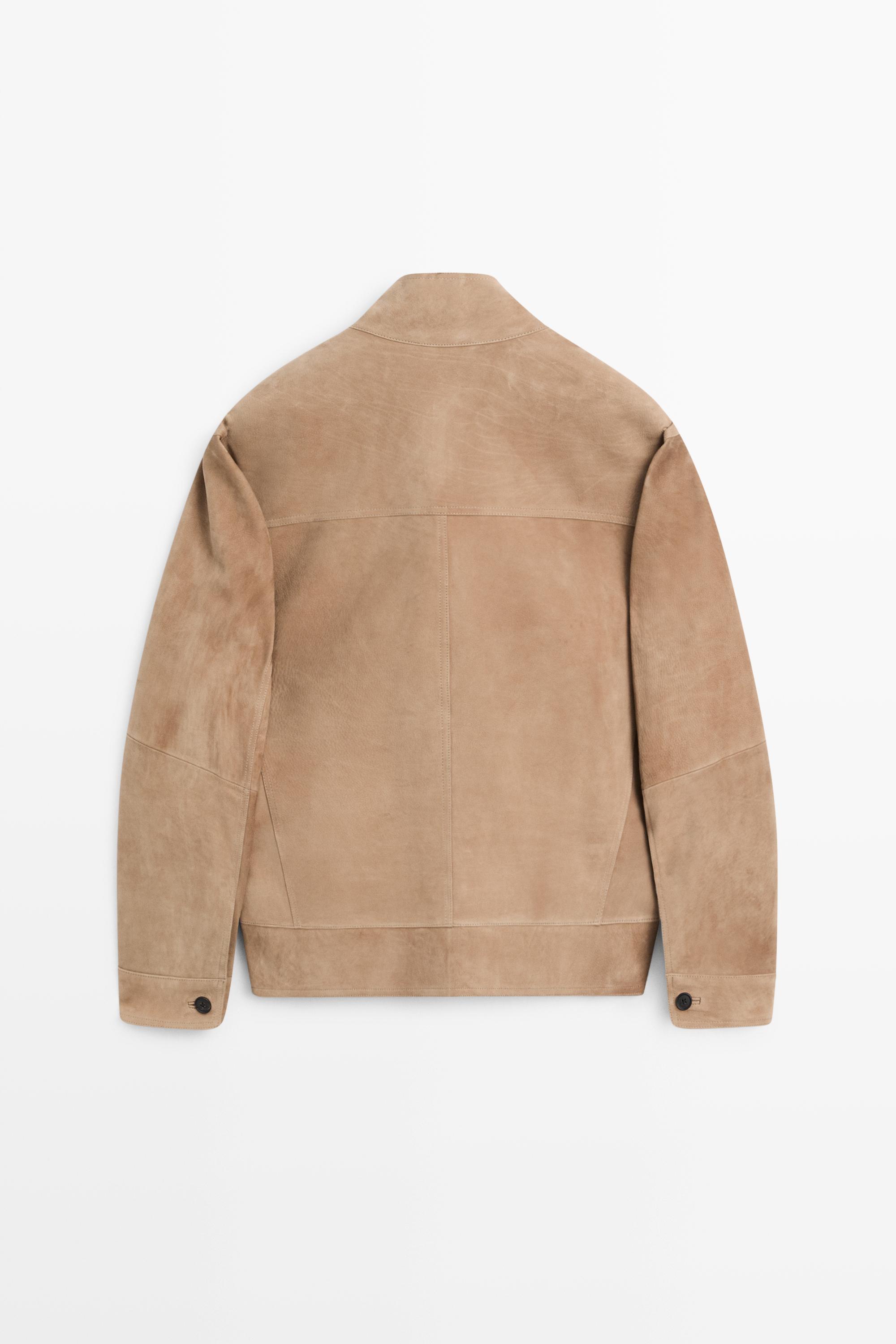 Nubuck leather jacket with stand-up collar — BEIGE