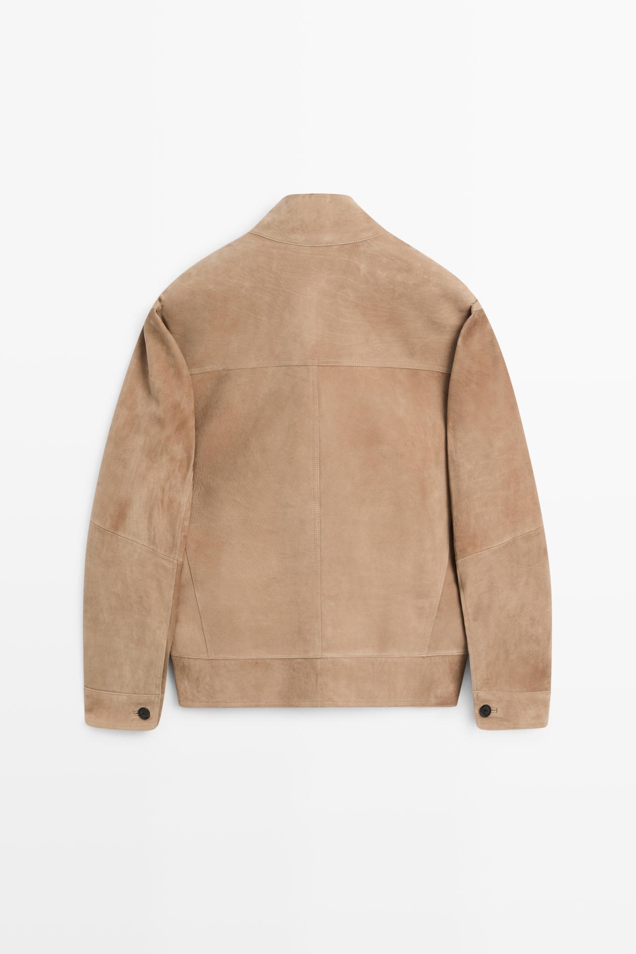 Nubuck leather jacket with stand-up collar — BEIGE