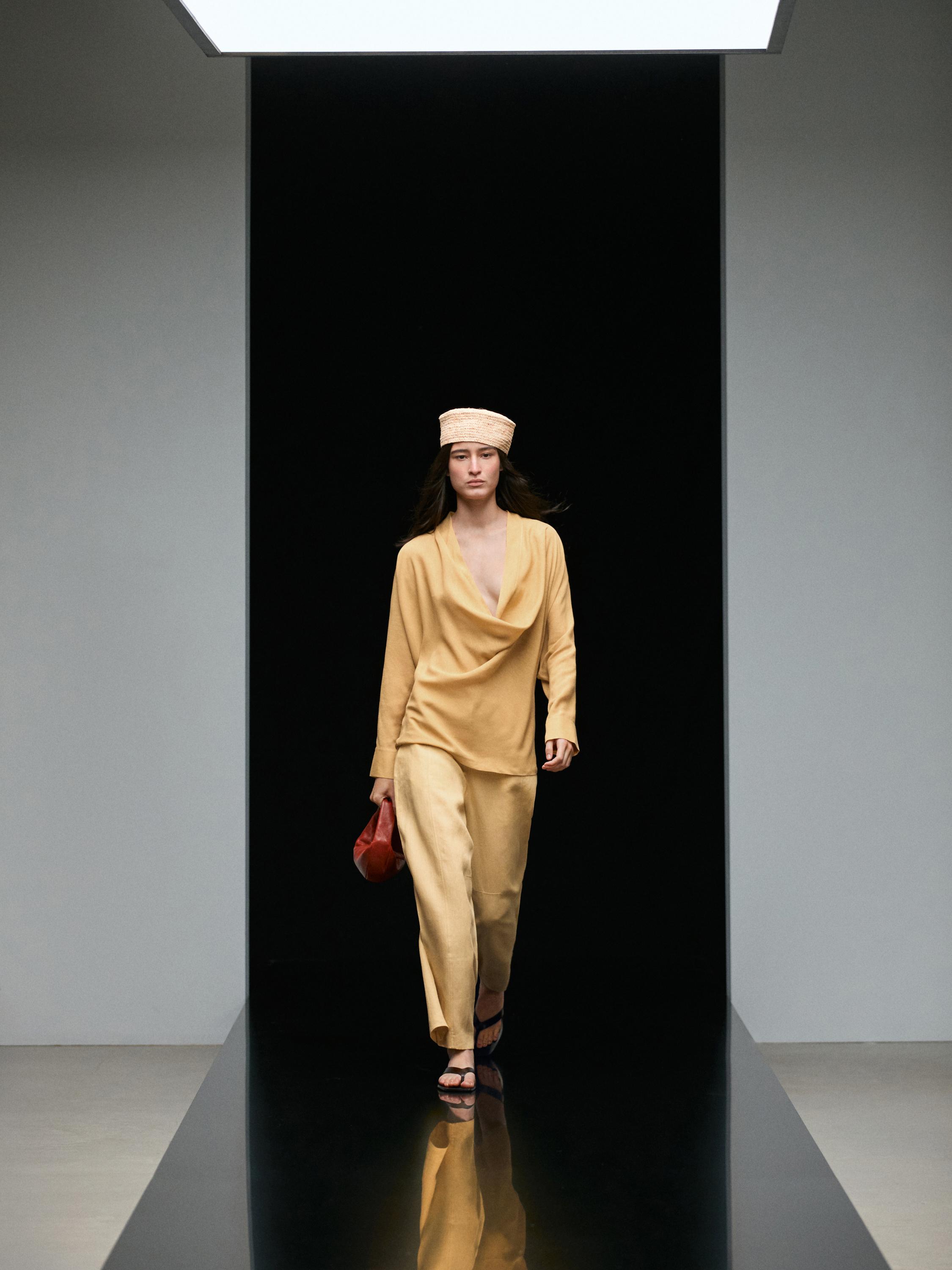 Flowing blouse with draped neckline — MUSTARD YELLOW