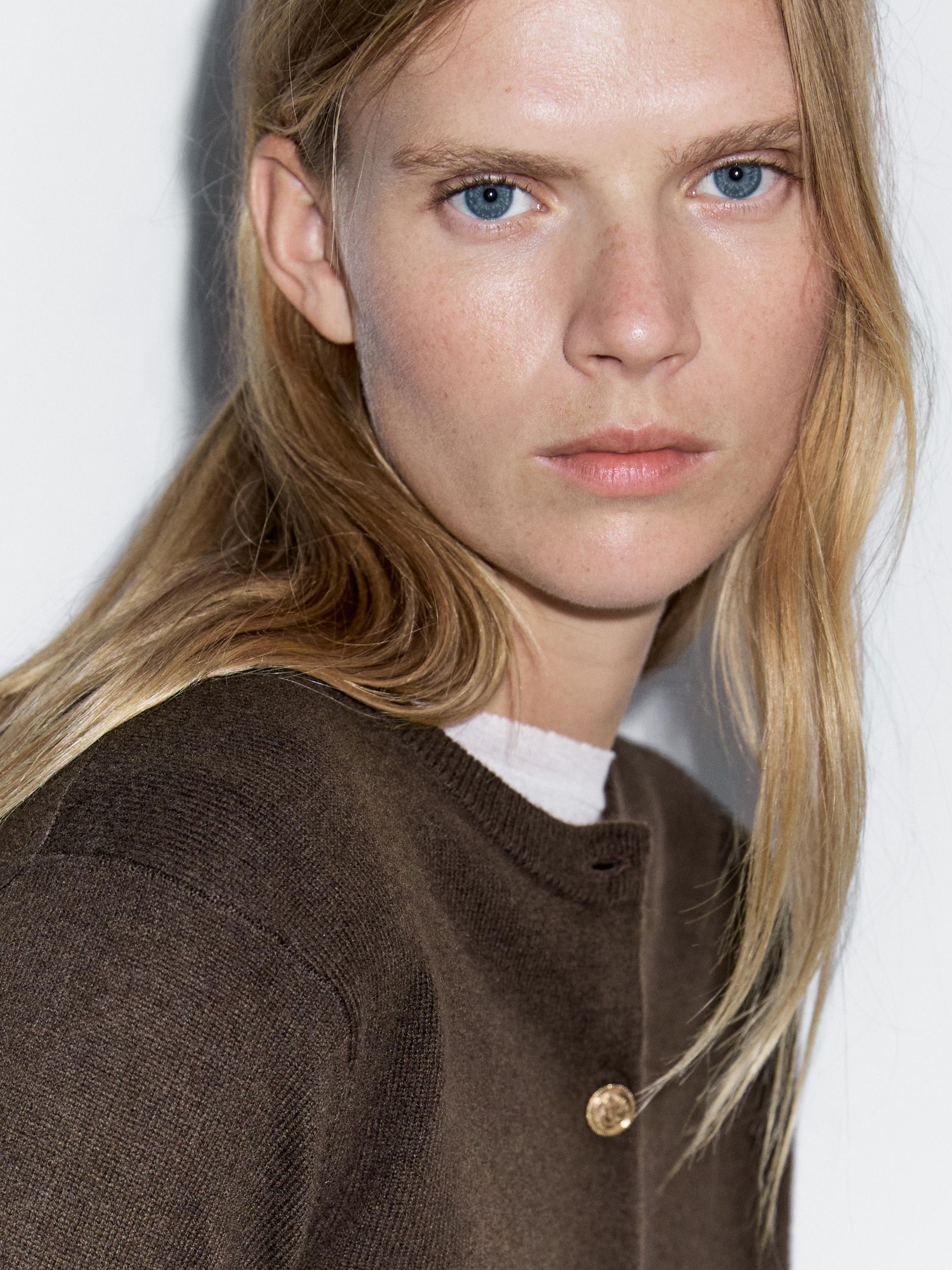 Knit 100% Wool Cardigan With Gold Buttons - Brown - Xs - Massimo Dutti - Female