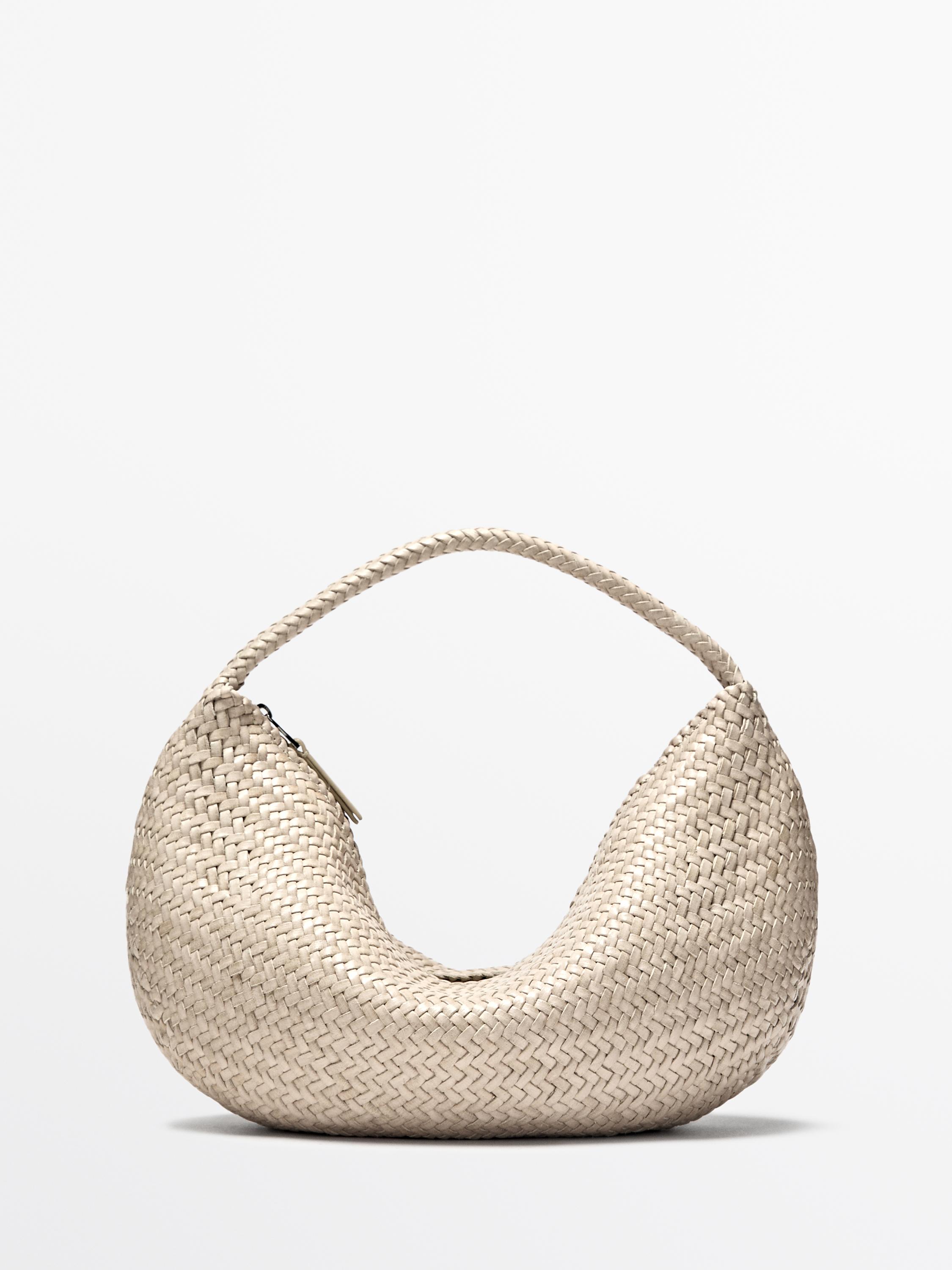 Braided leather half-moon bag — CREAM