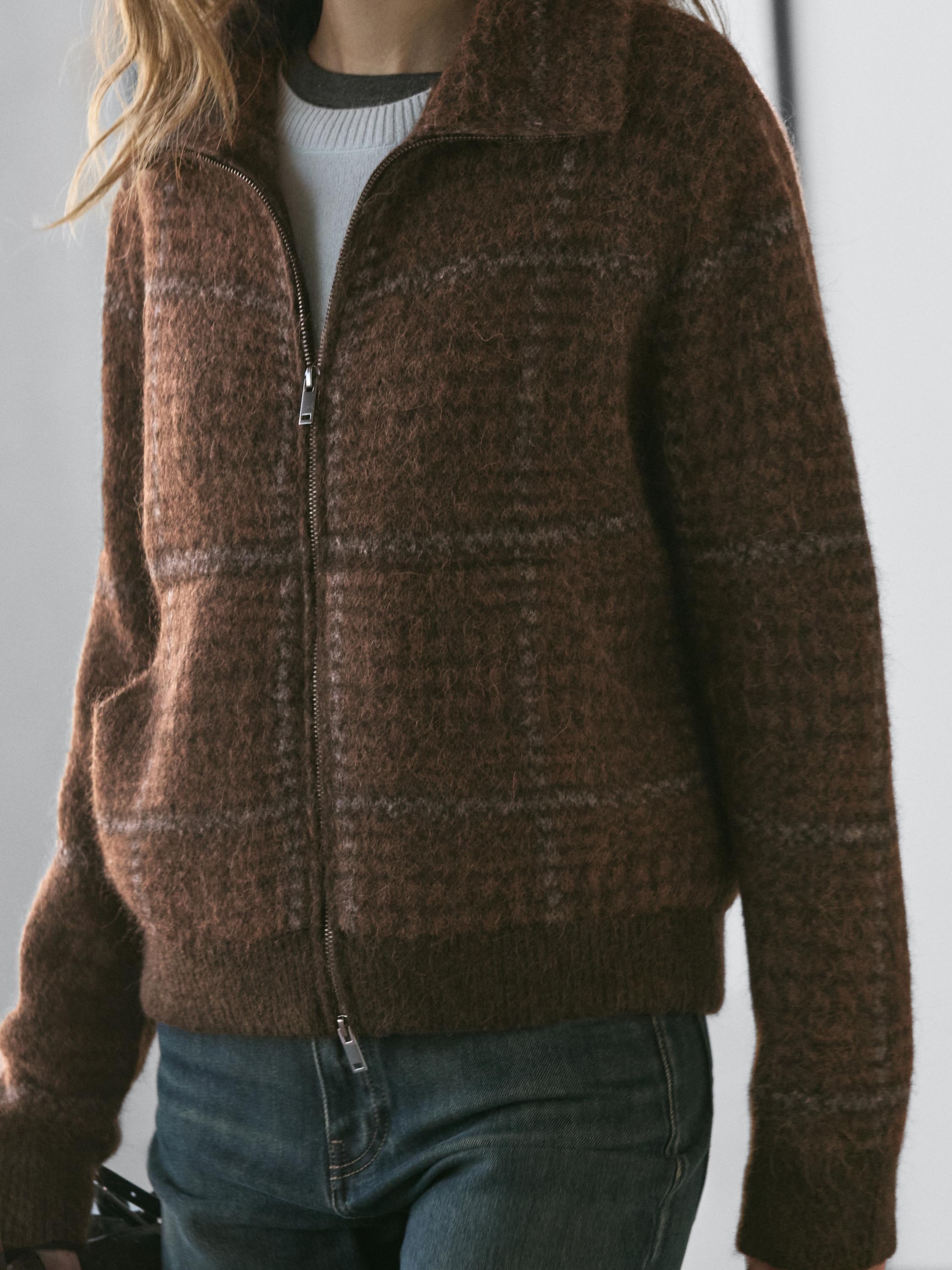 Check knit alpaca and felt texture cardigan