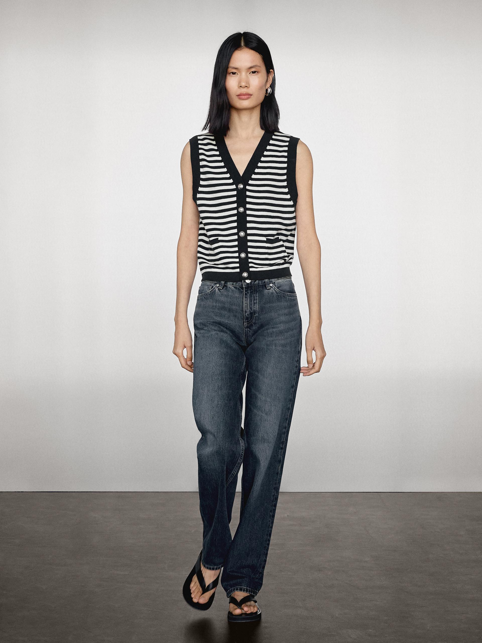 Gilet In Maglia Di Cotone Con Bottoni Gioiello - Blu Marino - L - Massimo Dutti - Femminile