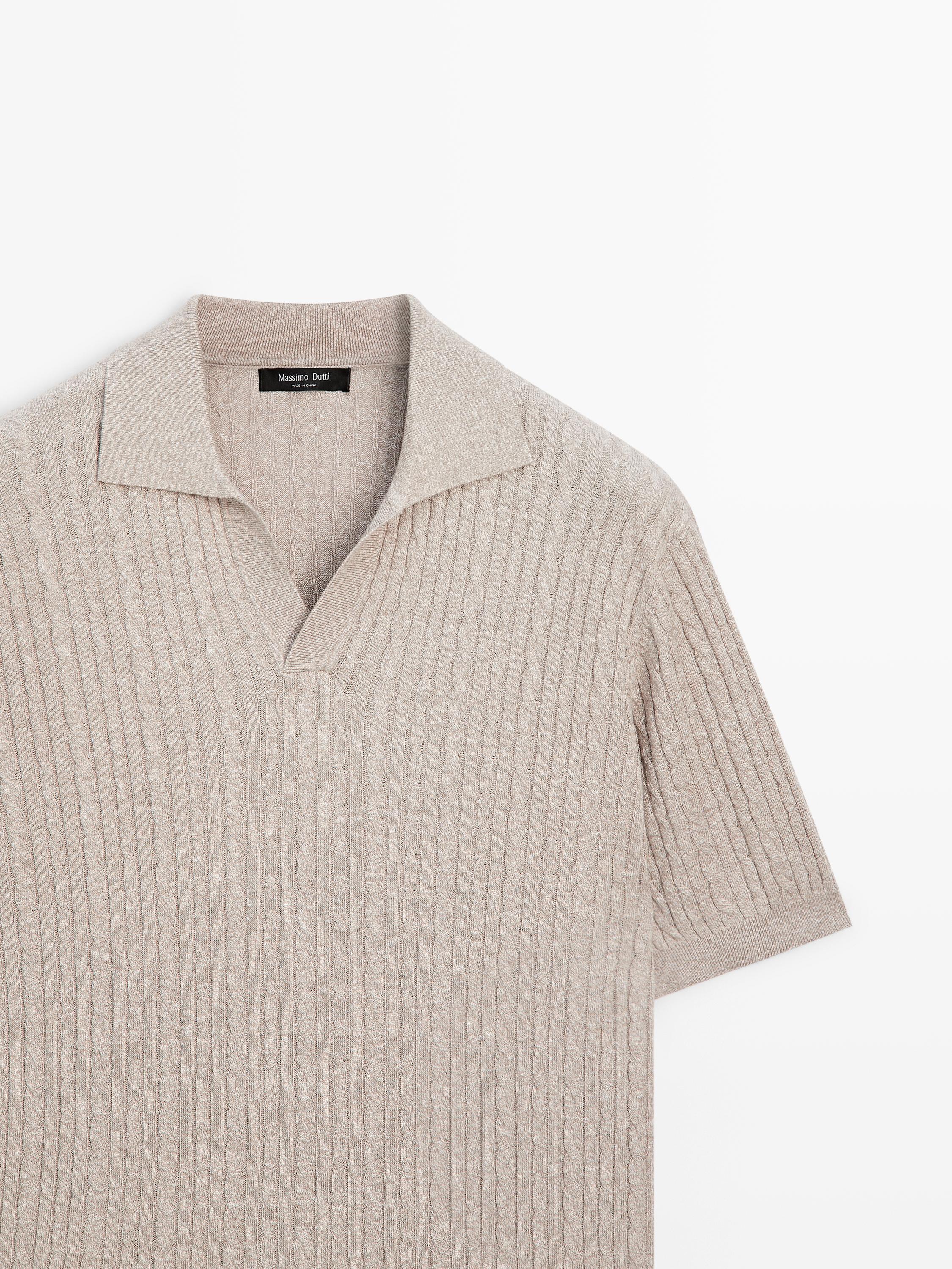 Short sleeve knit polo shirt with cable-knit detail — MINK